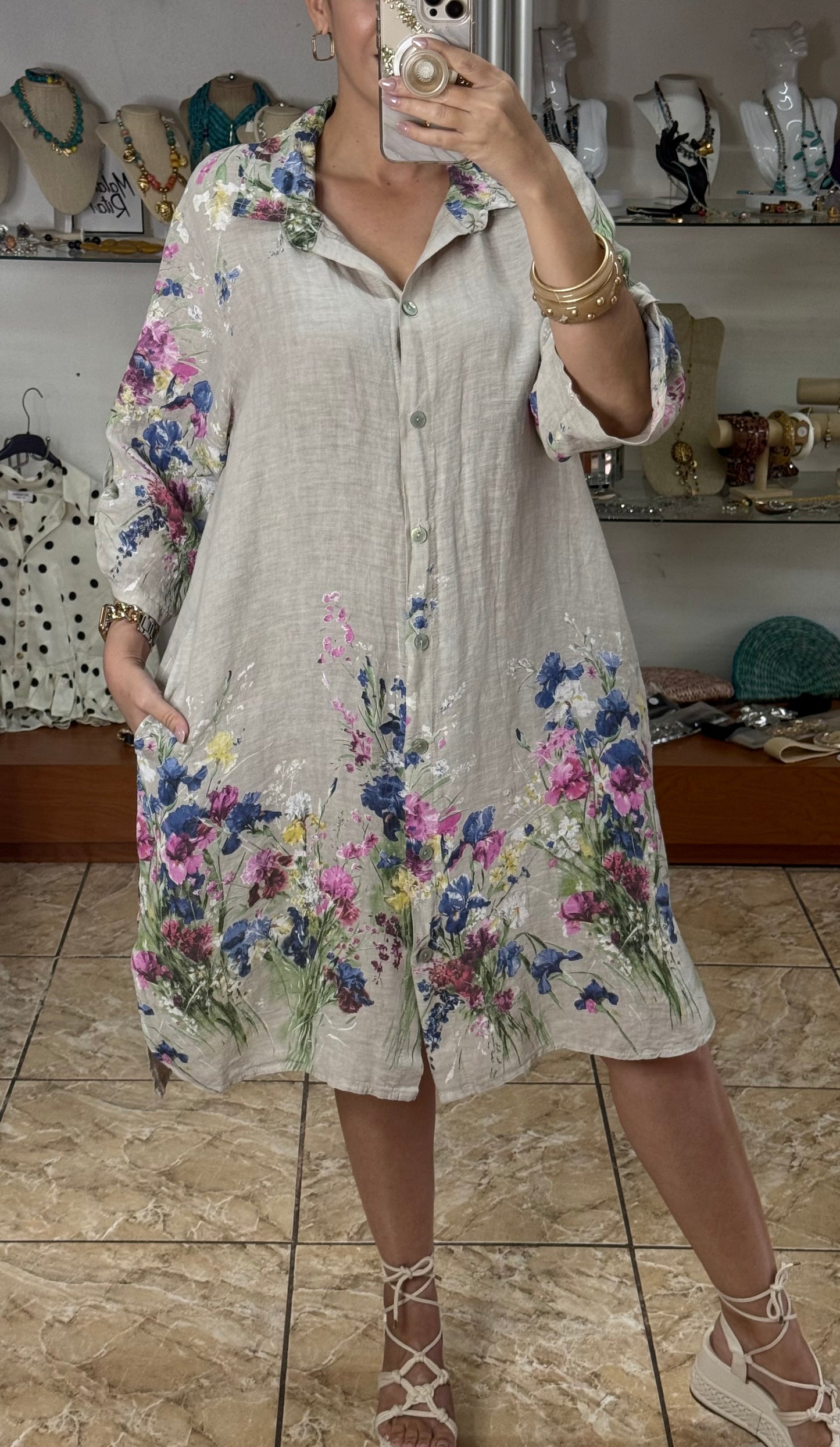 Floral OS Short Linen Dress (NO RETURNS OR EXCHANGE)