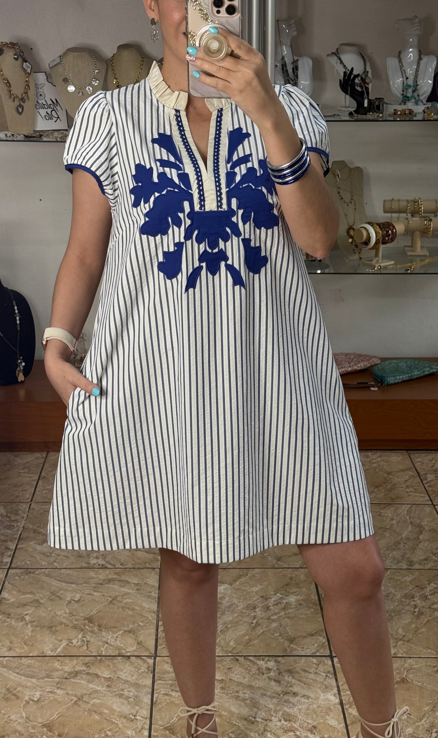 Blue Stripes Embroidered Short Dress