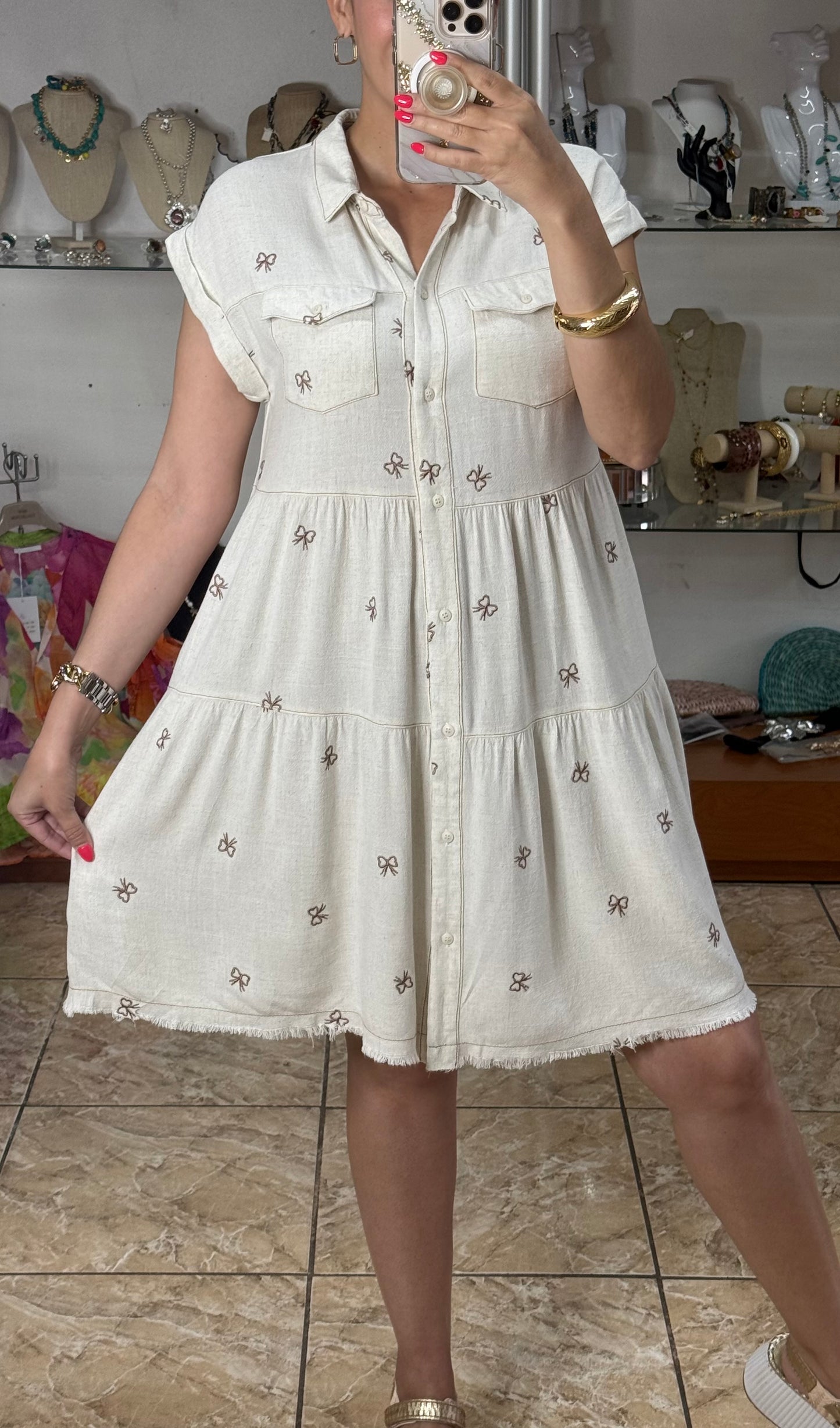Embroidered Ribbons Linen Blend Dress