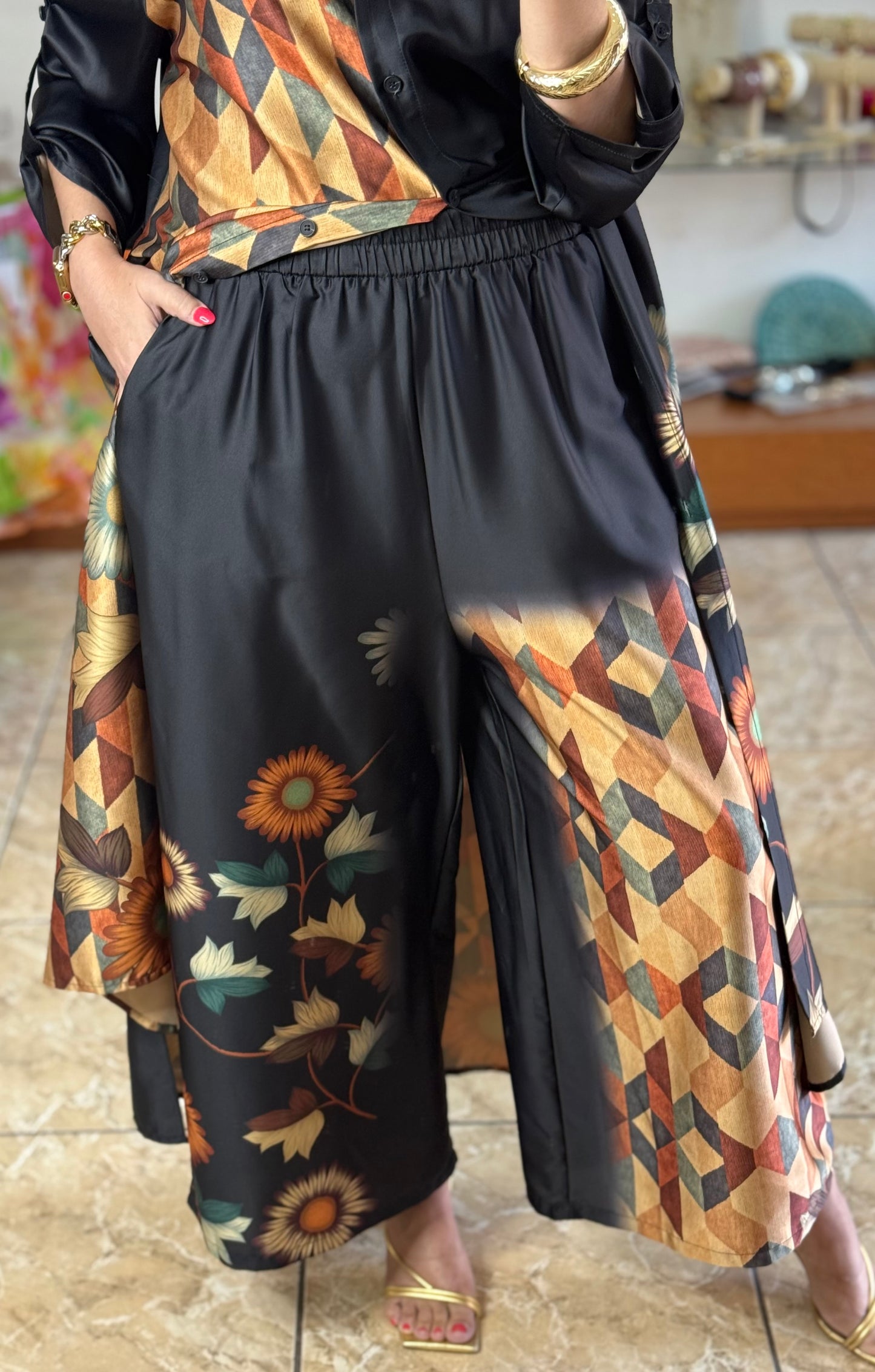 Mix Print OS Silk Top/Dress & Pant Set (NO RETURNS OR EXCHANGE)