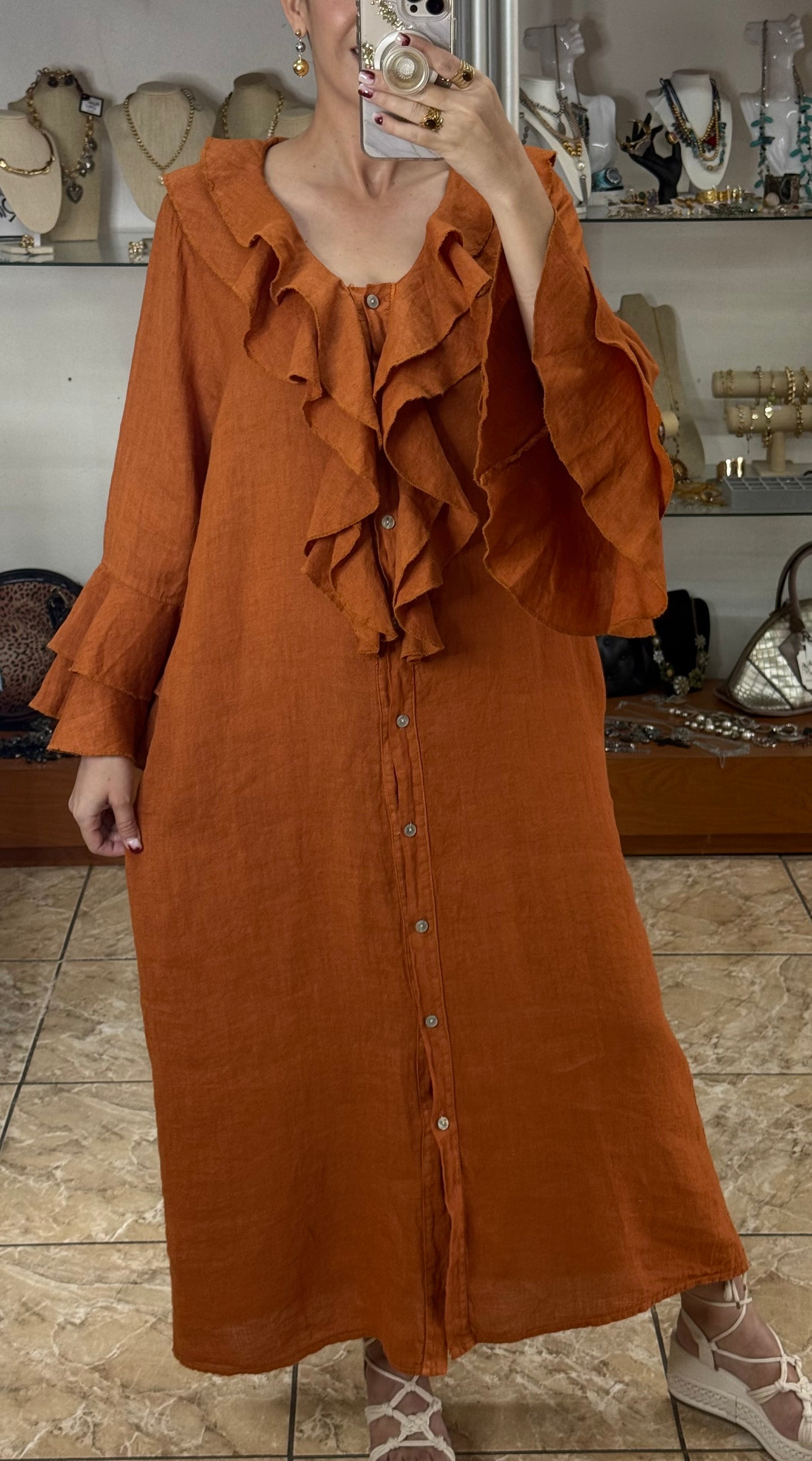 Ruffle Details OS Linen Maxi Dress (FINAL SALE)