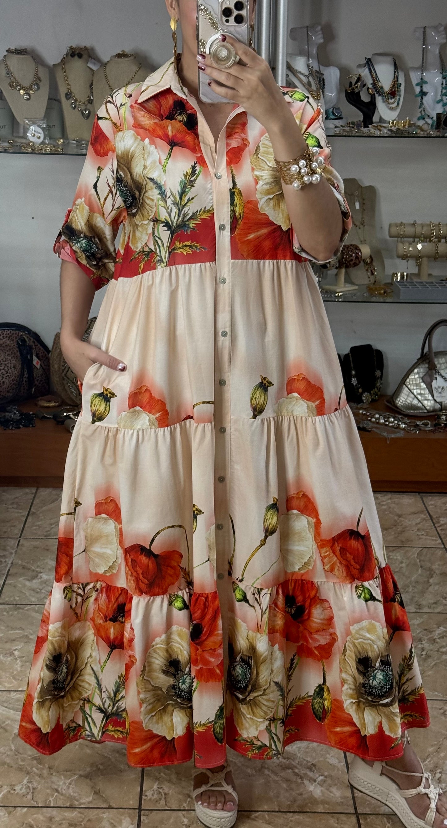Peach/Orange Floral OS Maxi Dress (FINAL SALE)