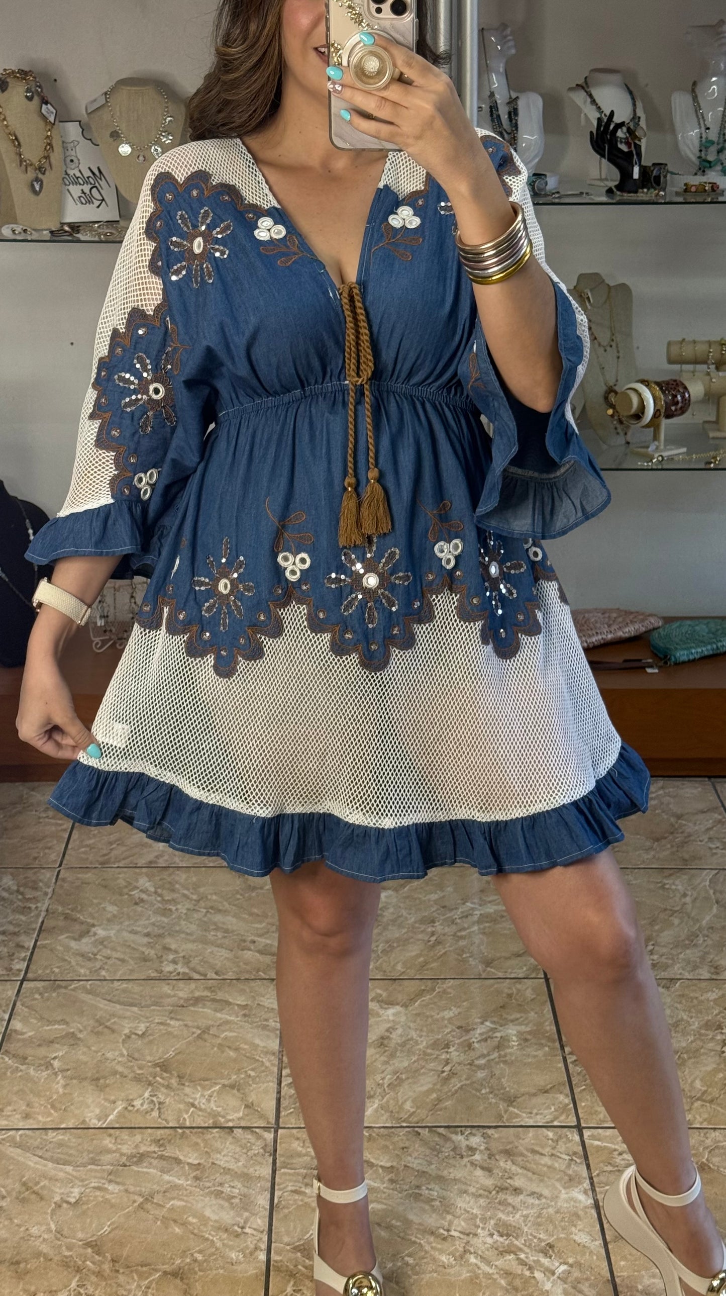 OS Floral Embroidered Boho Mini Dress (NO RETURNS OR EXCHANGE)