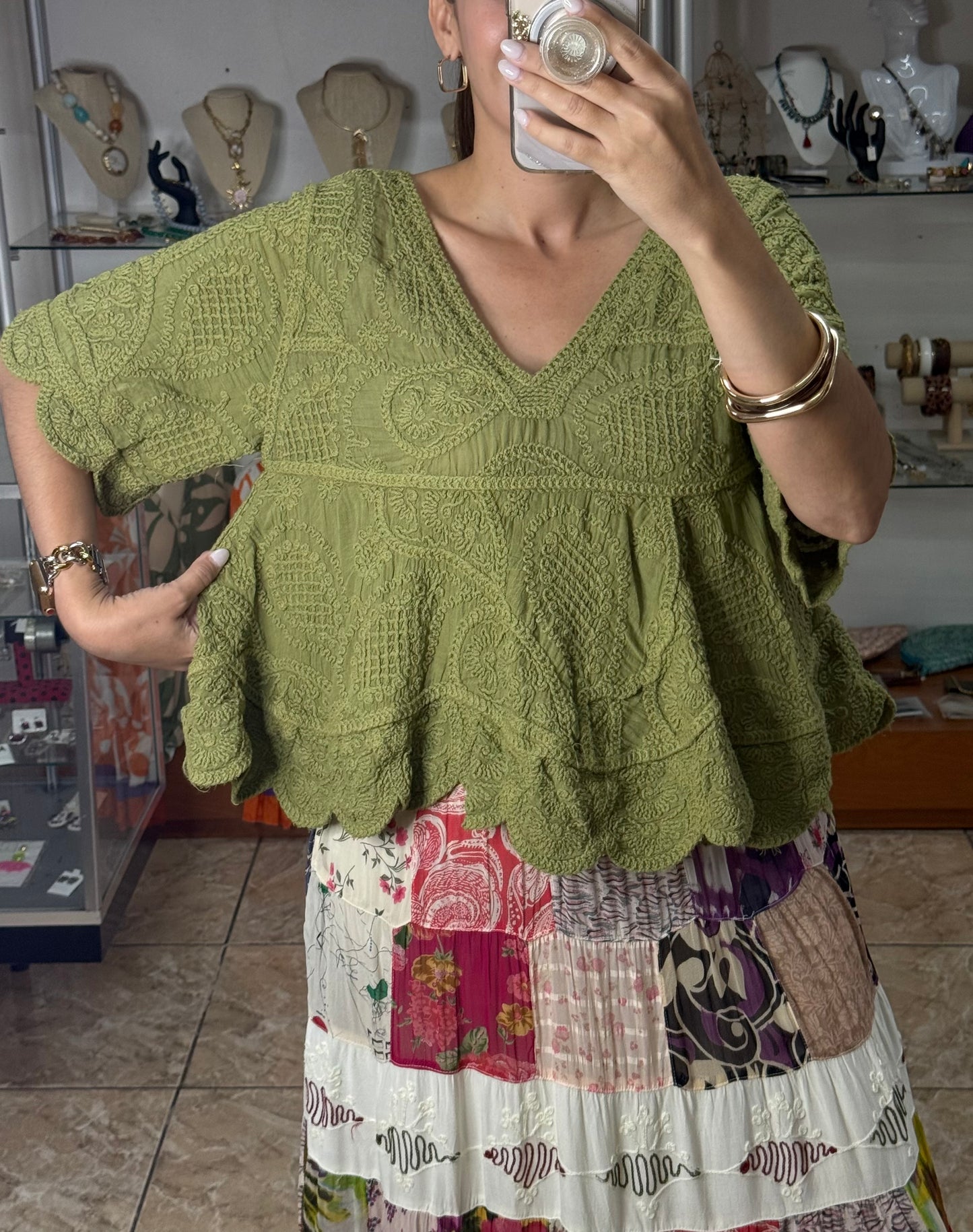 OS Green Embroidered Boho Top (NO RETURNS OR EXCHANGE)