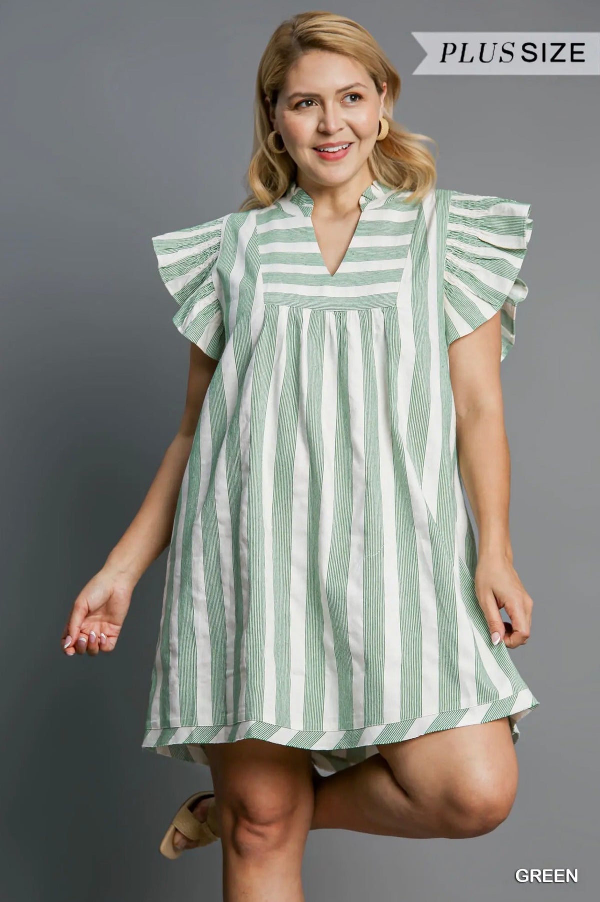 Green Mix Stripe V-Neck Dress (PLUS)