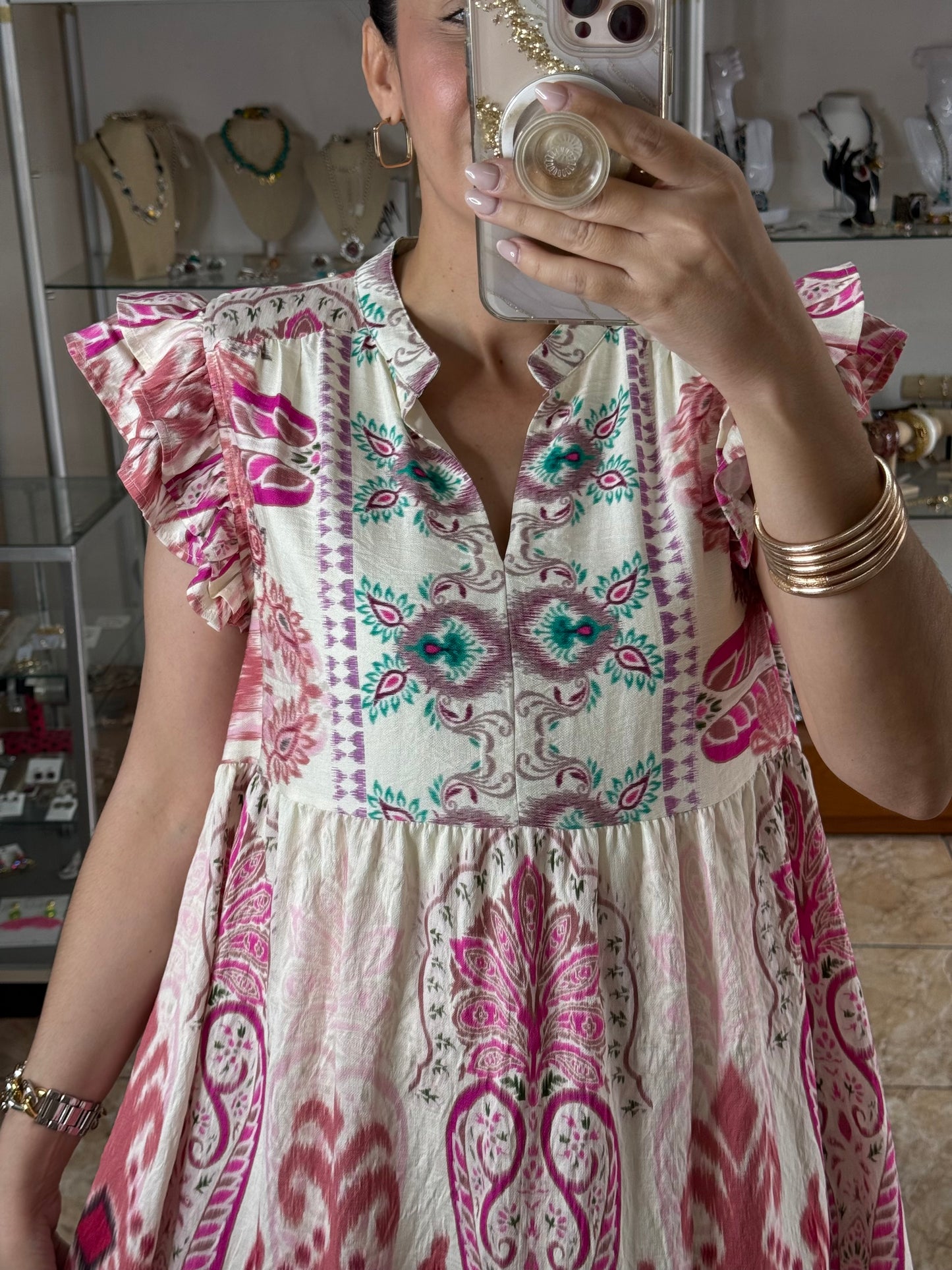 Pink Mix Ruffle Sleeves Boho Print Dress