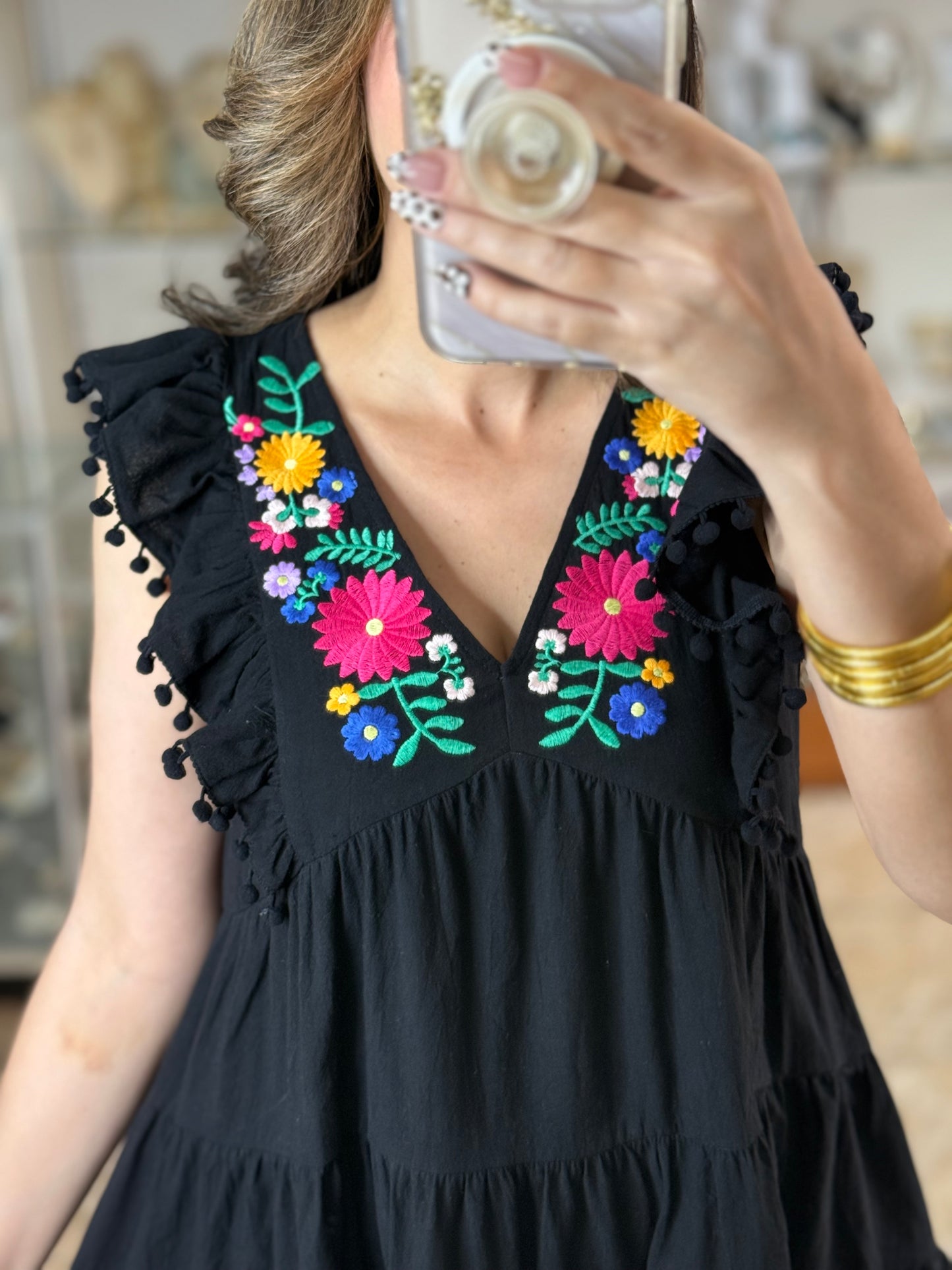 Black Floral Embroidered Doll Dress