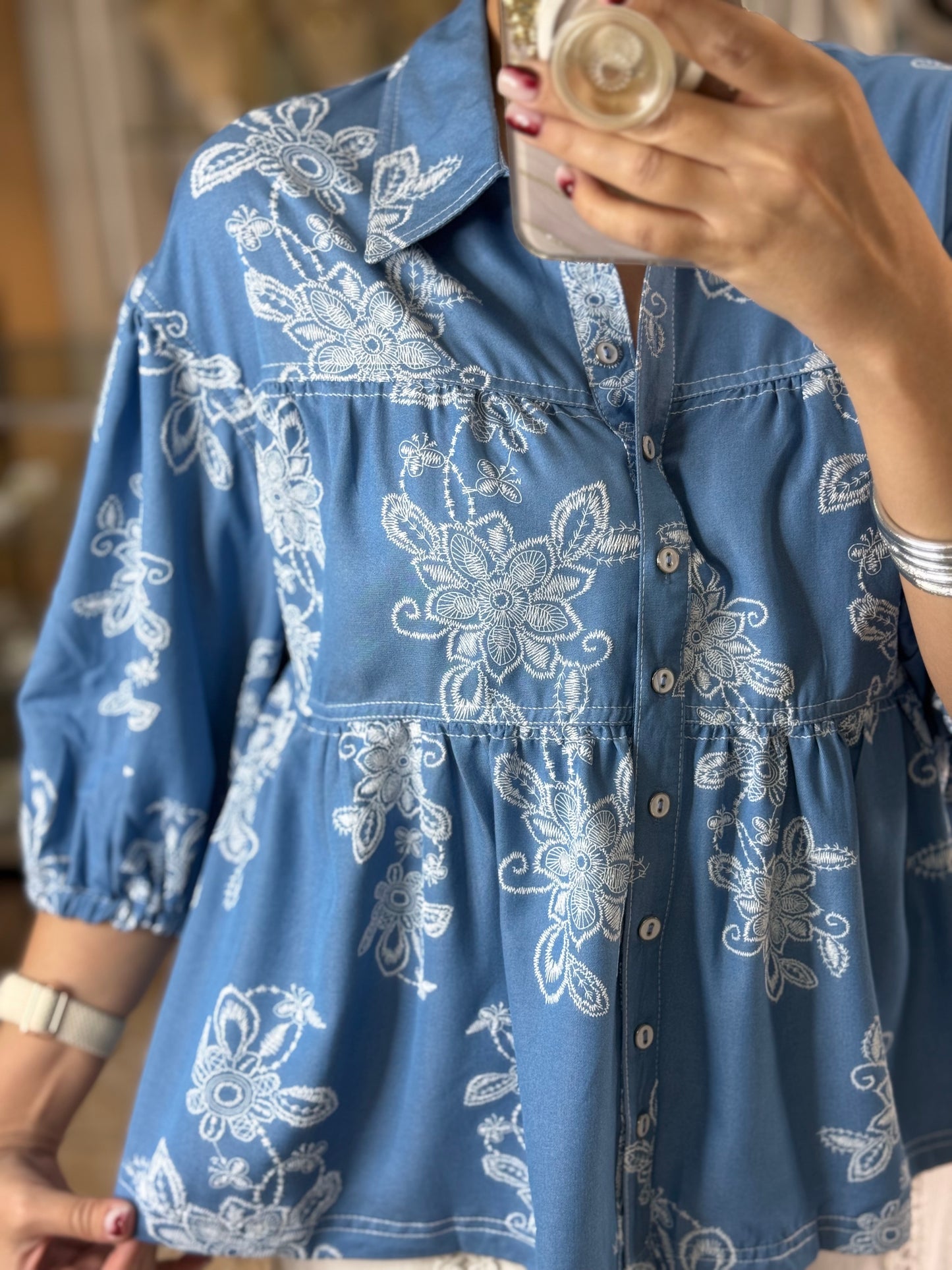 Denim Like Floral Embroidered Top