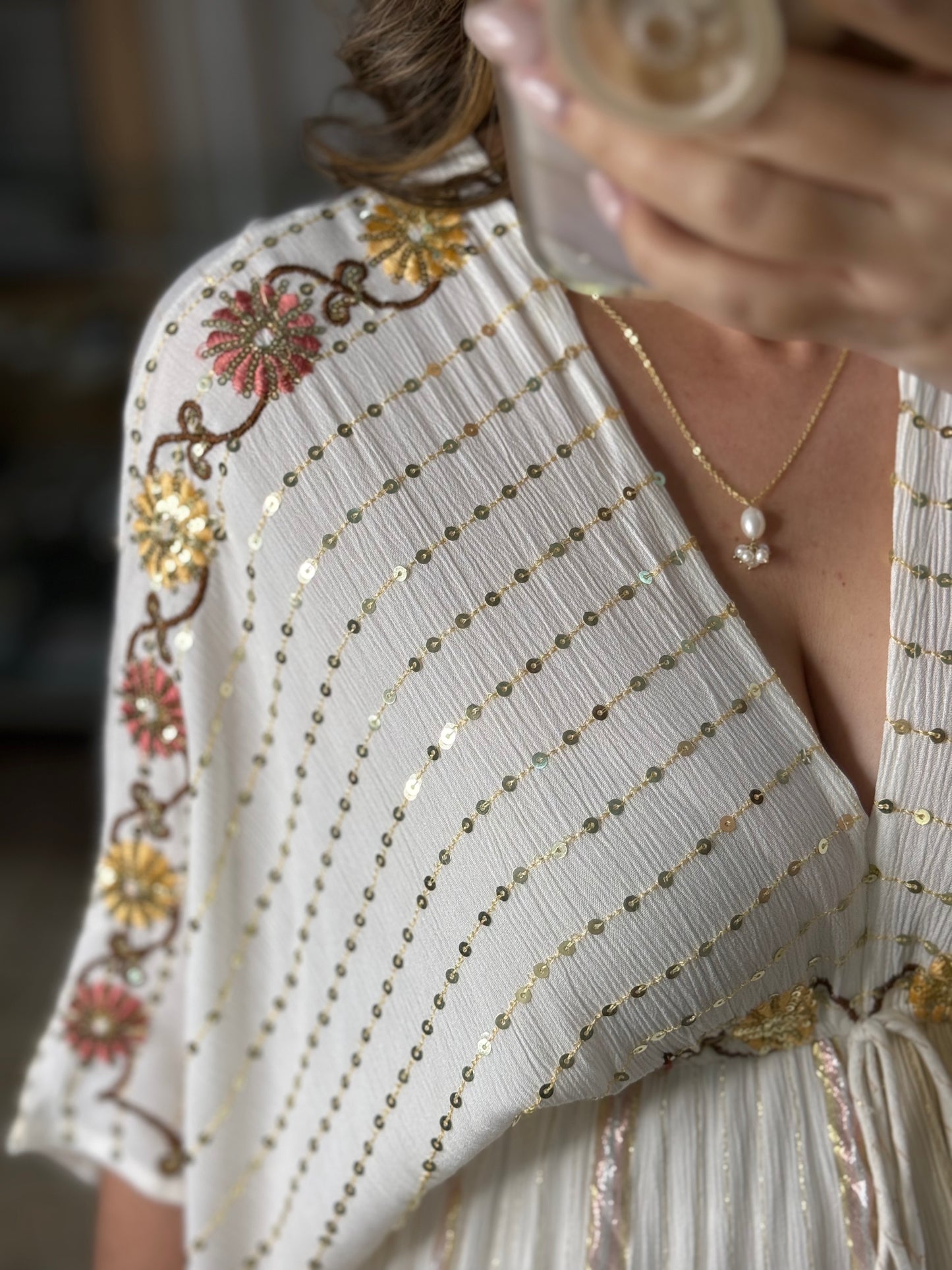 Sequins Floral Embroidered OS Boho Maxi Dress (NO RETURNS OR EXCHANGE)