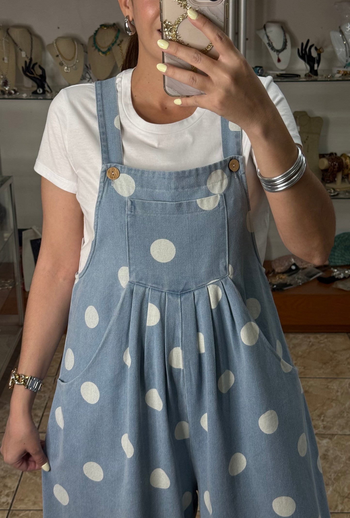 Denim Polkadot Overall Jumpsuit