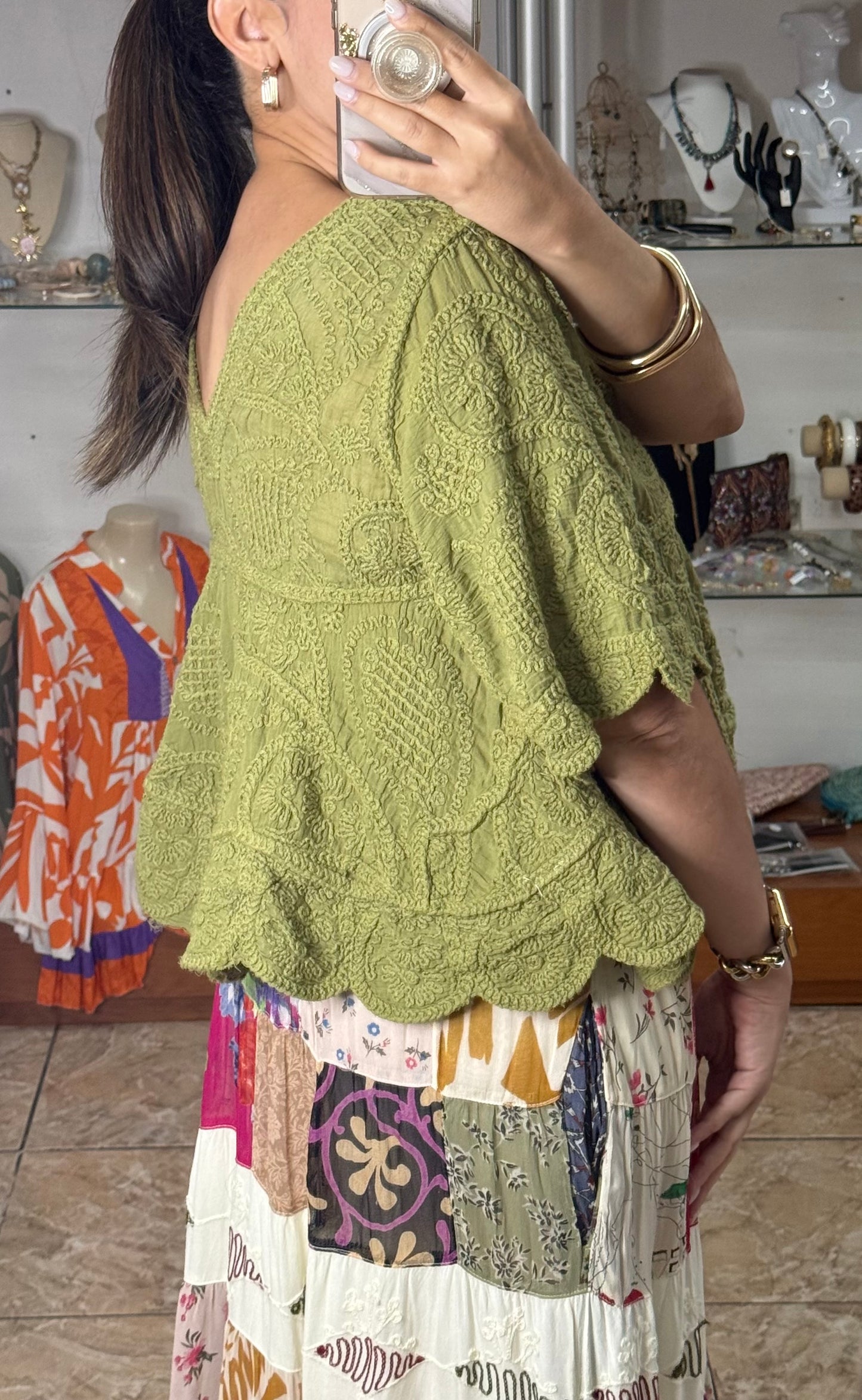 OS Green Embroidered Boho Top (NO RETURNS OR EXCHANGE)