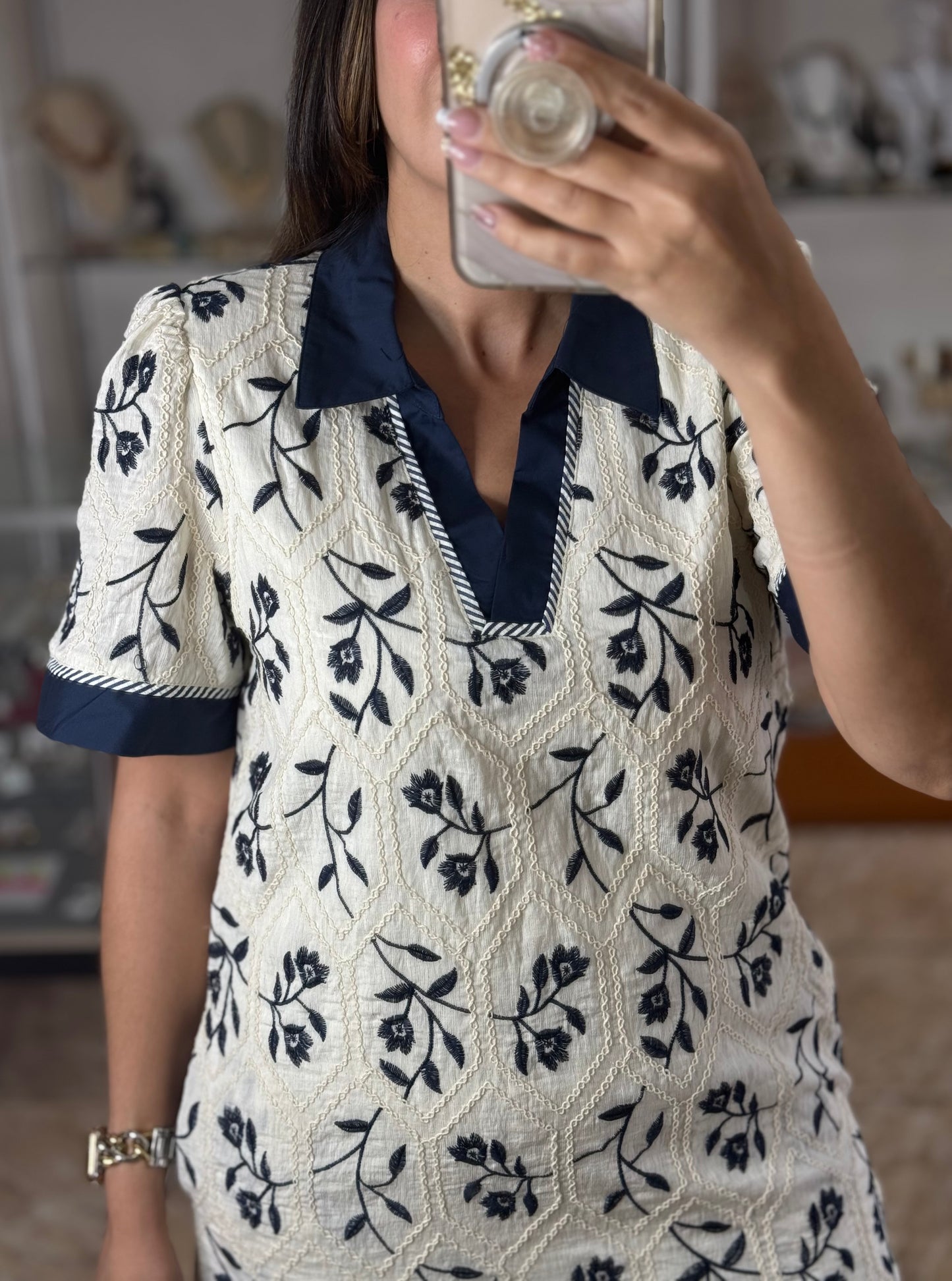 Cream/Navy Embroidered Dress (Reg & Plus)