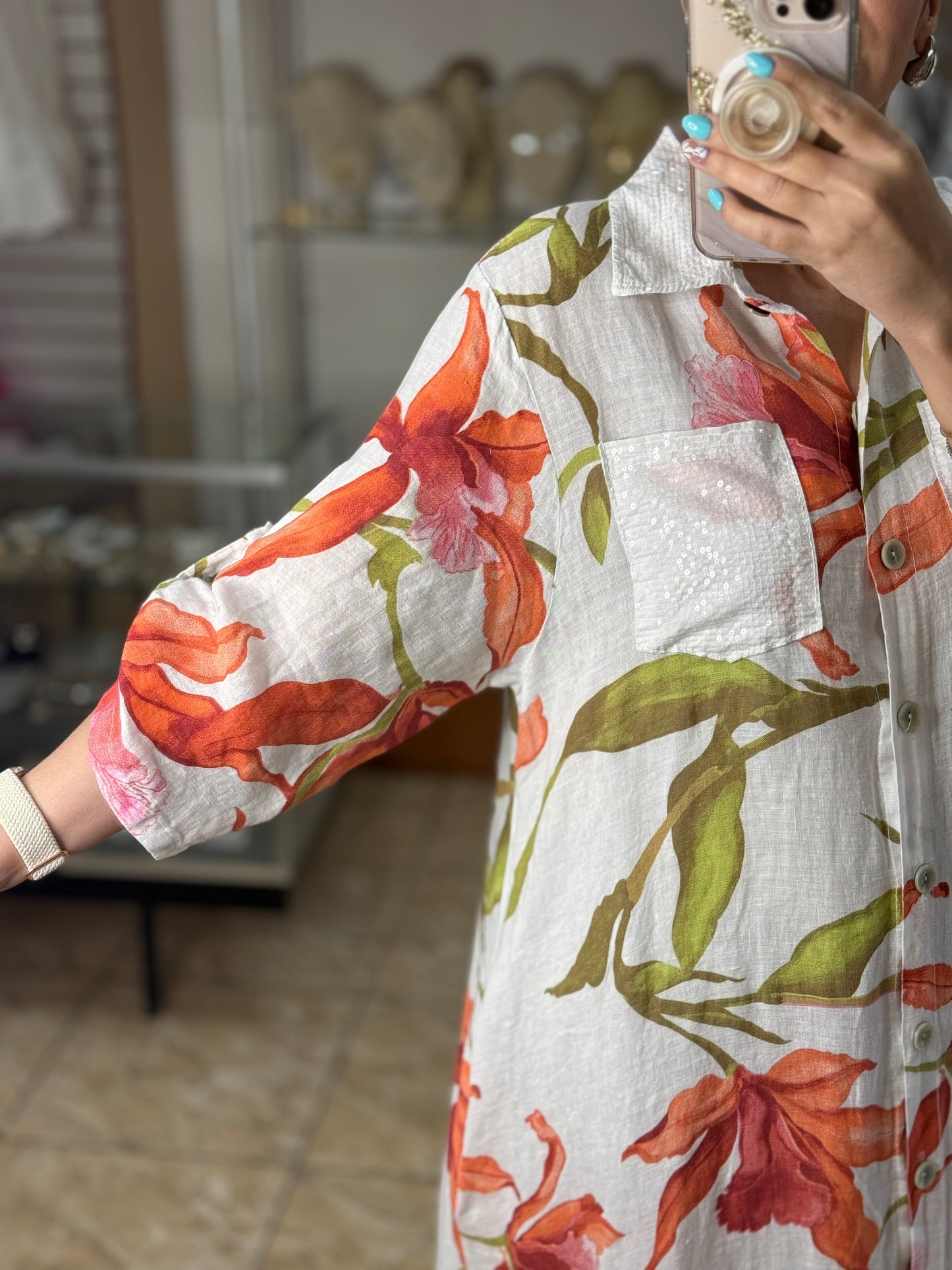 White/Orange Floral OS Linen Maxi Dress (FINAL SALE)