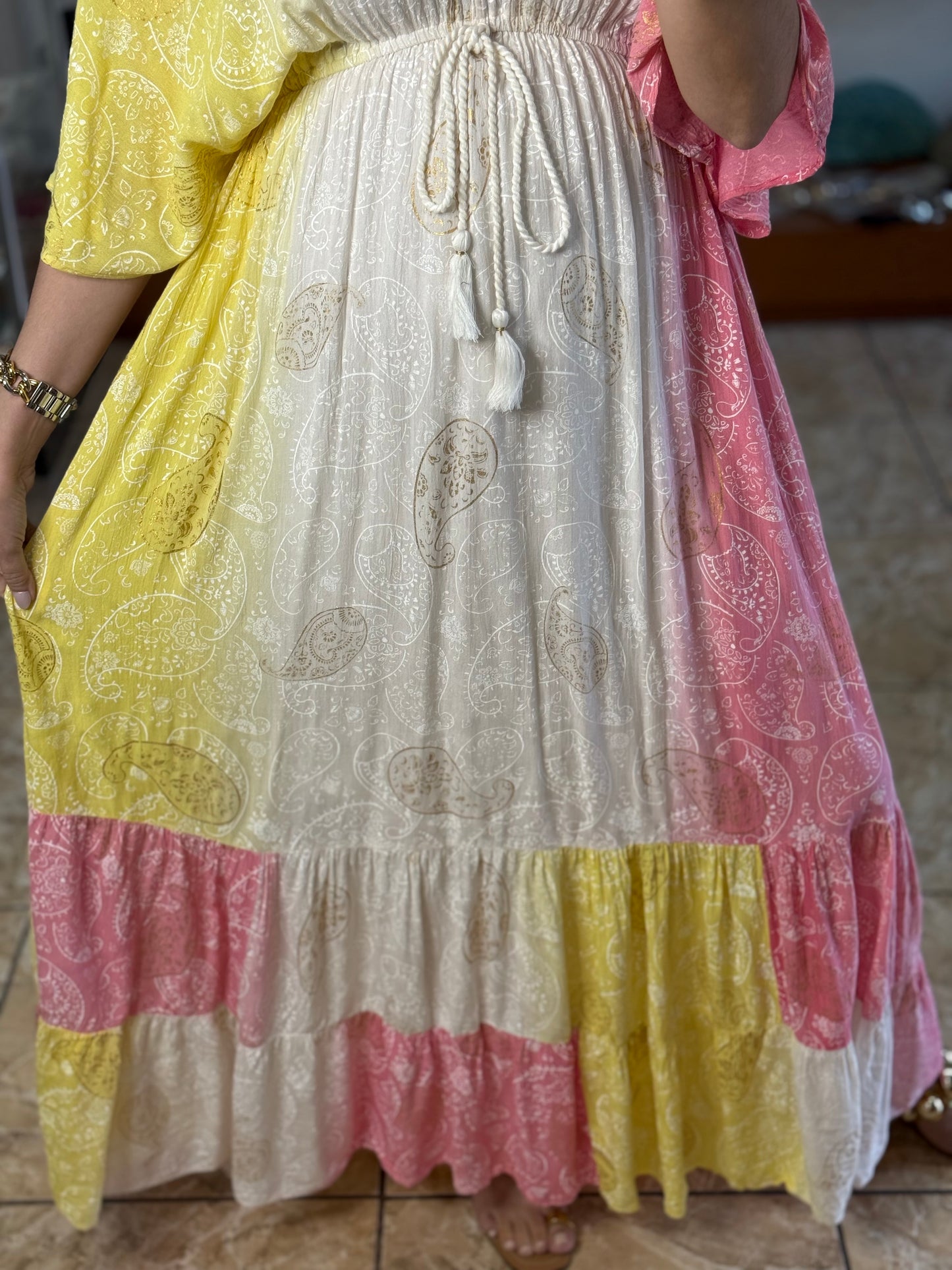 Paisley Yellow/Pink OS Maxi Boho Dress (NO RETURNS OR EXCHANGE)