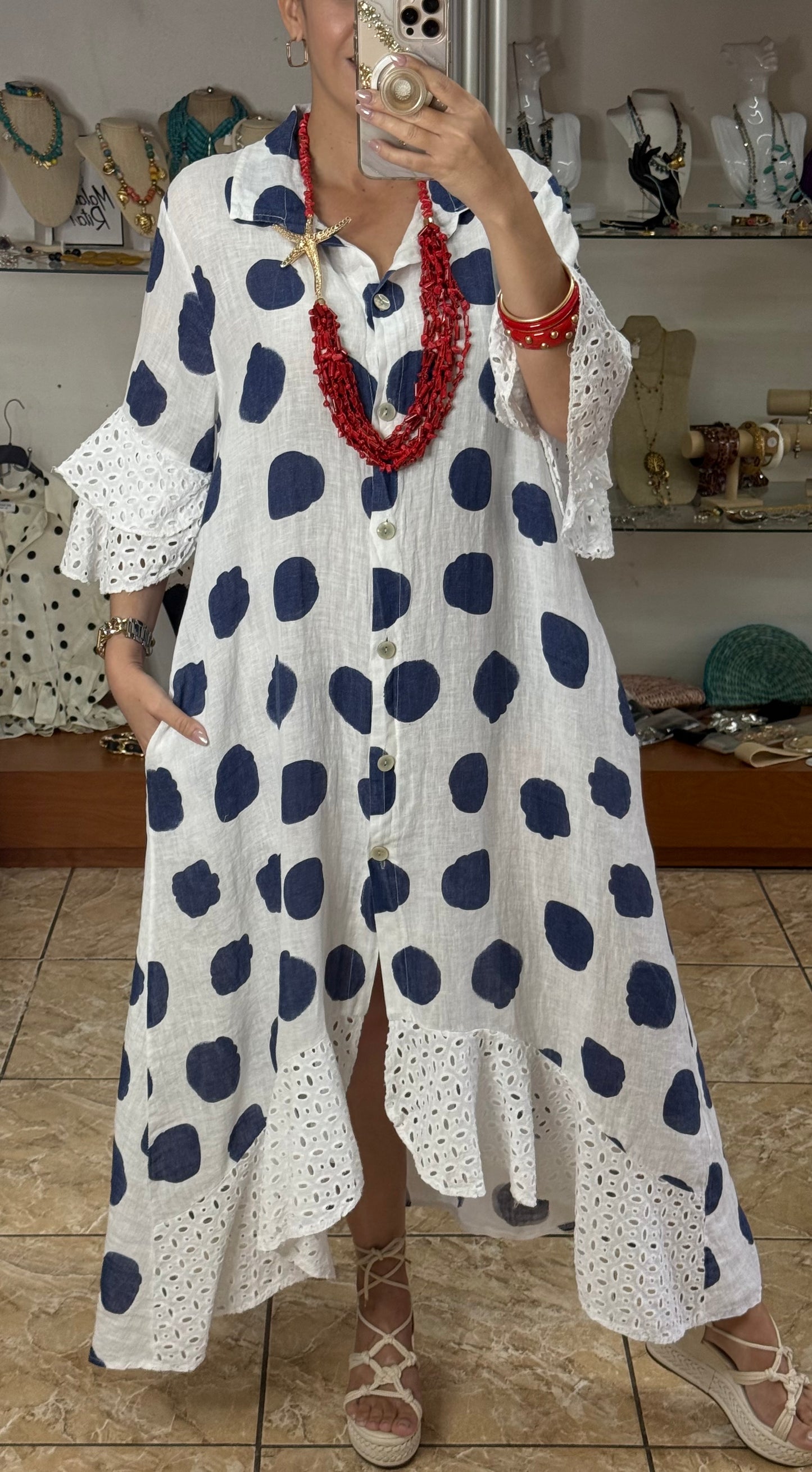 Polkadots/Eyelet OS Linen Maxi Dress (NO RETURNS OR EXCHANGE)