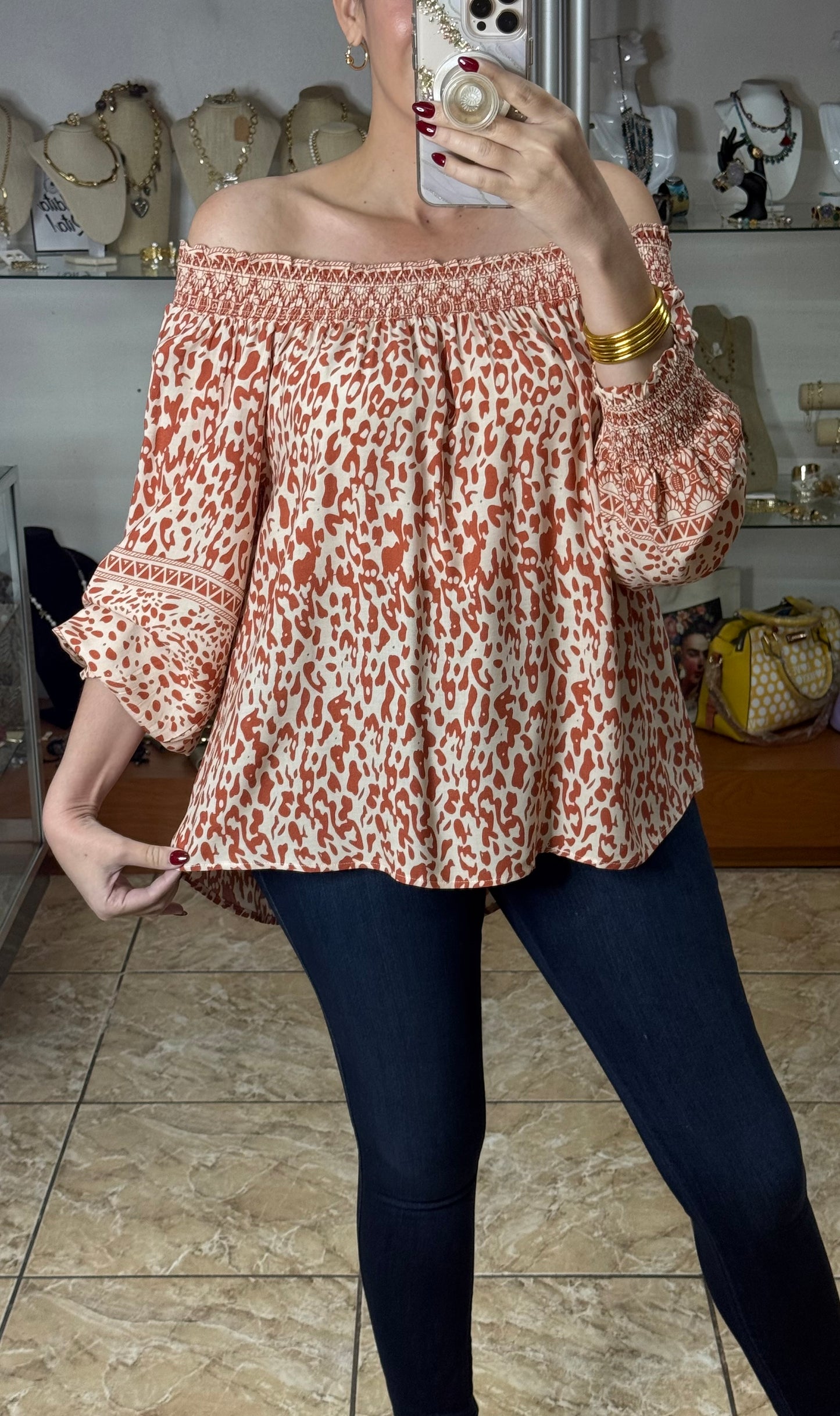 Salmon Mix Off Shoulder Top