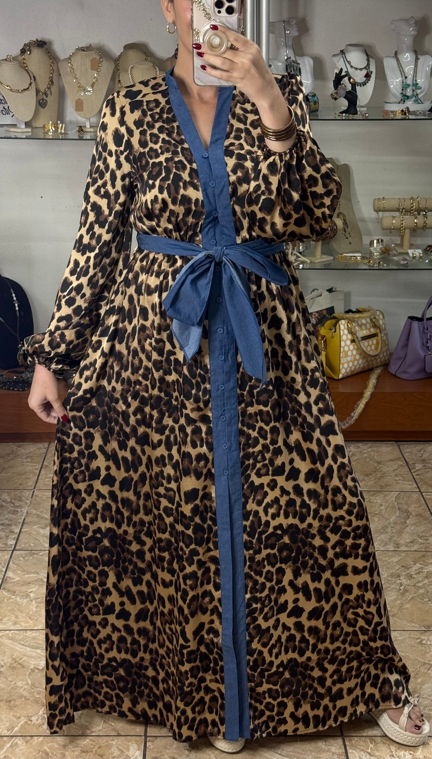 Button Down Maxi Leopard Dress