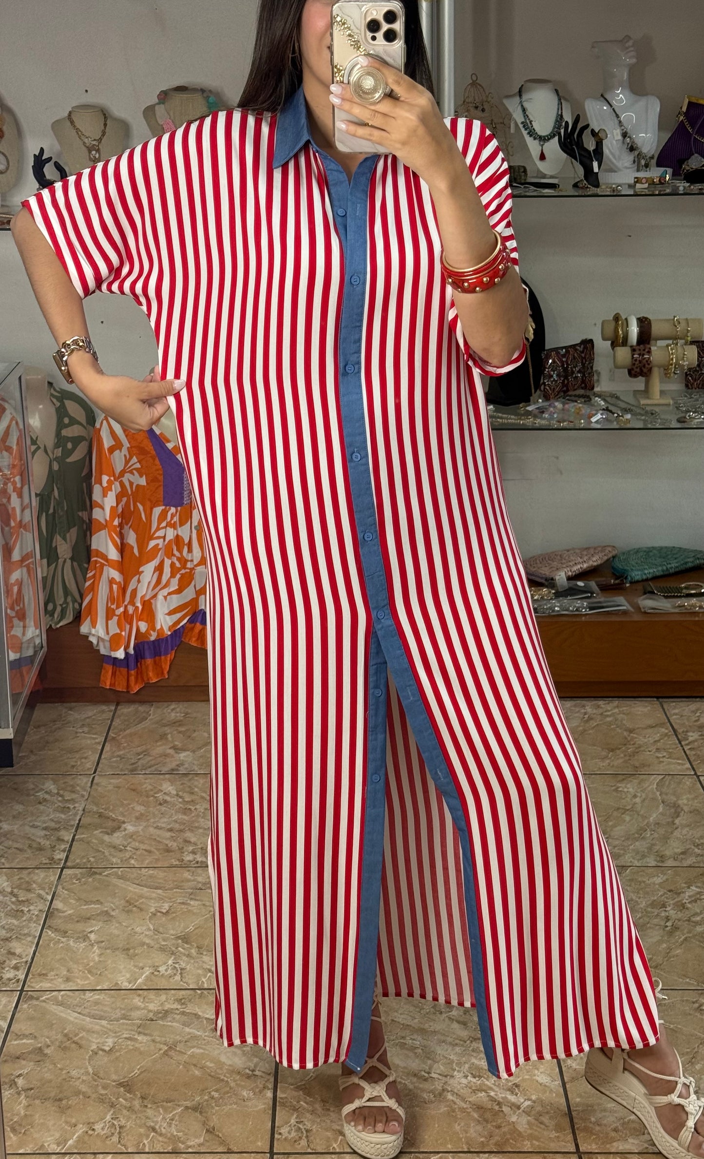 Red Stripes Button Down Maxi Dress