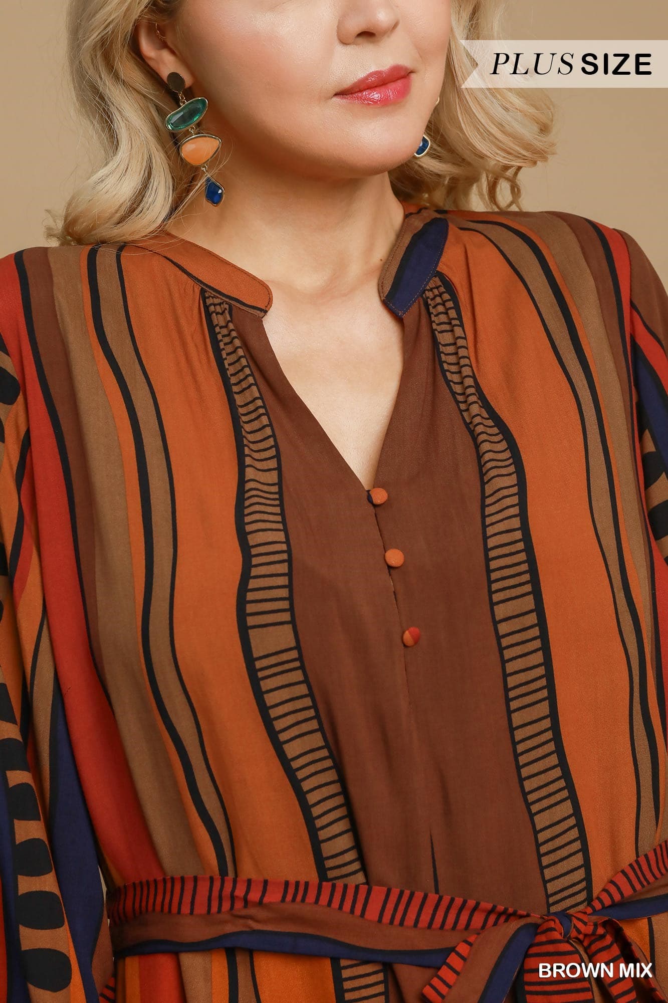 Brown Mix Button Down Mini Dress (PLUS)