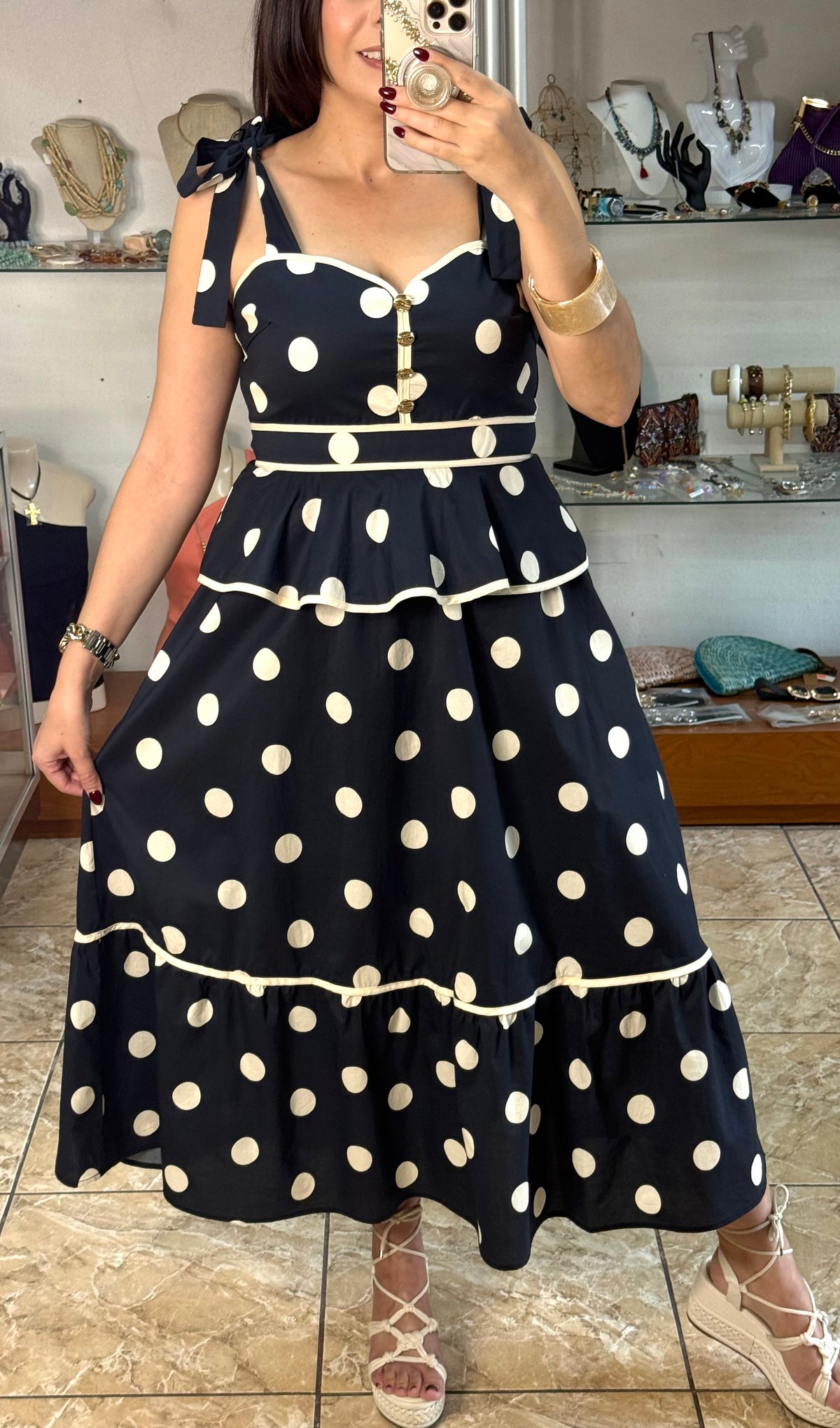 Polka Dot Peplum Midi Dress
