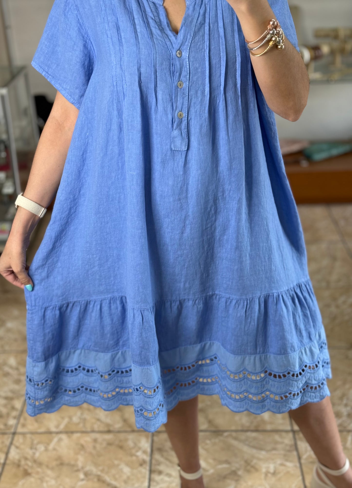 Eyelet Trim OS Linen Midi Dress (FINAL SALE)