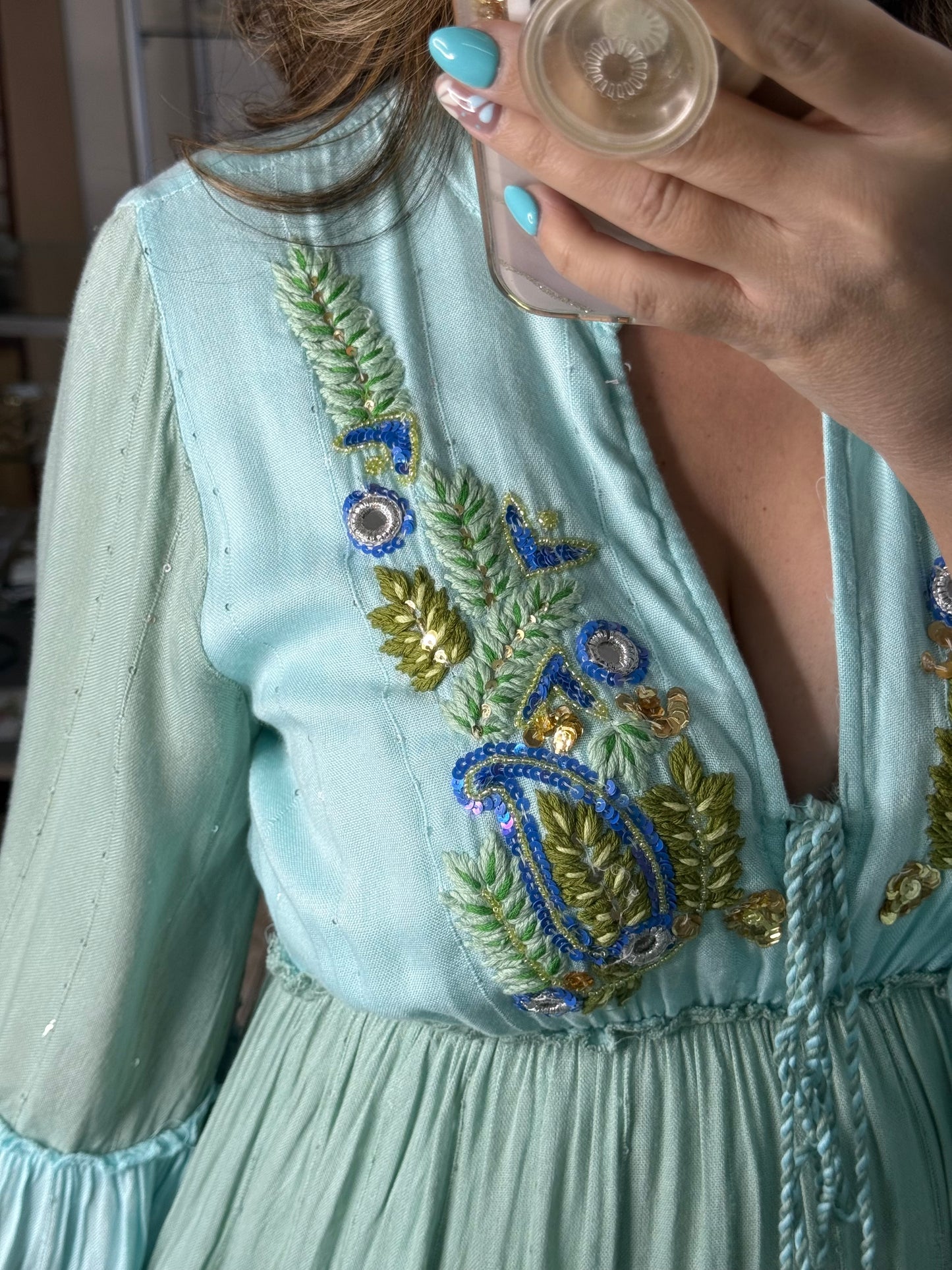 Boho Sage/Turquoise Embroidered OS Maxi Dress (NO RETURNS OR EXCHANGE)