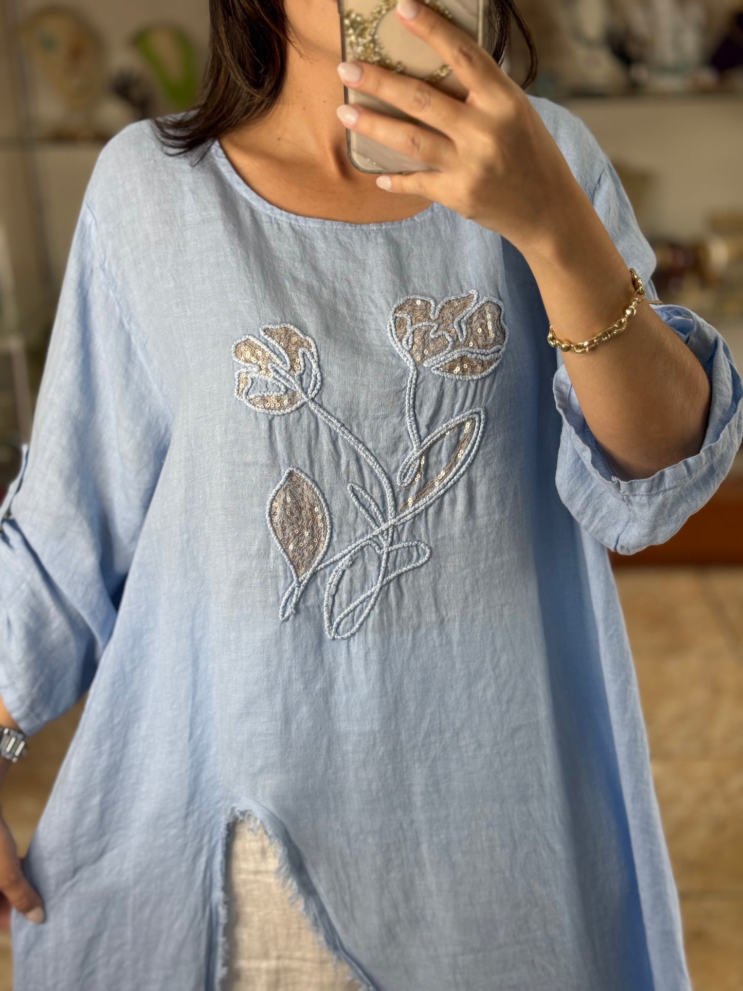OS Asymmetrical Linen/Sequins Top (NO RETURNS OR EXCHANGE) (PANT SOLD SEPARATELY)