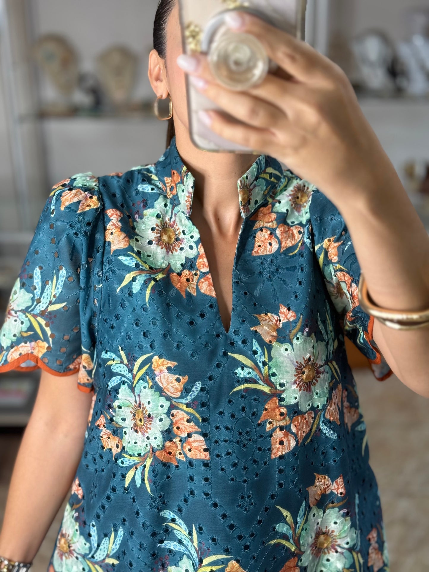 Teal Floral Eyelet Dress