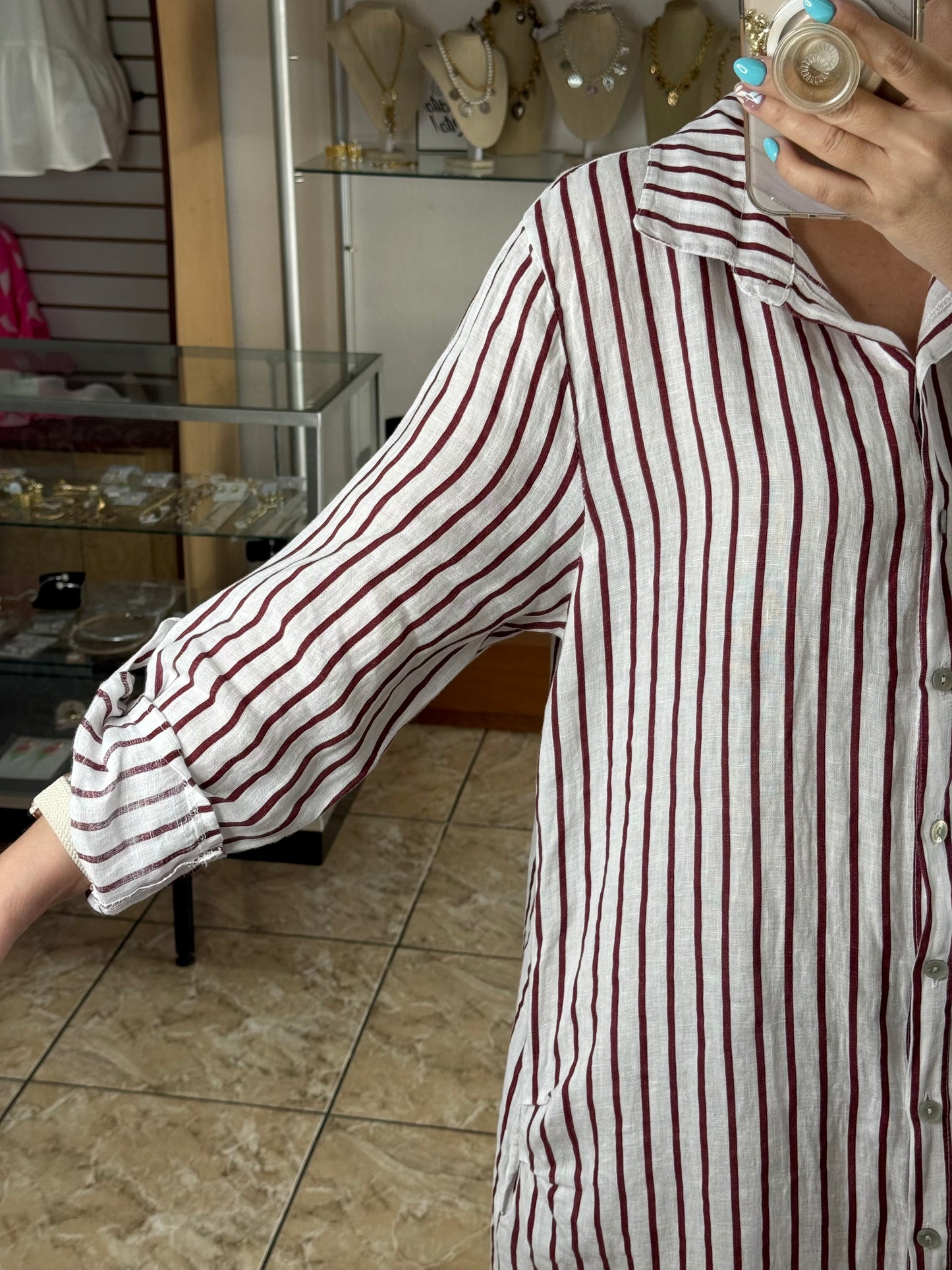 White/Wine OS Stripes Linen Dress (FINAL SALE)