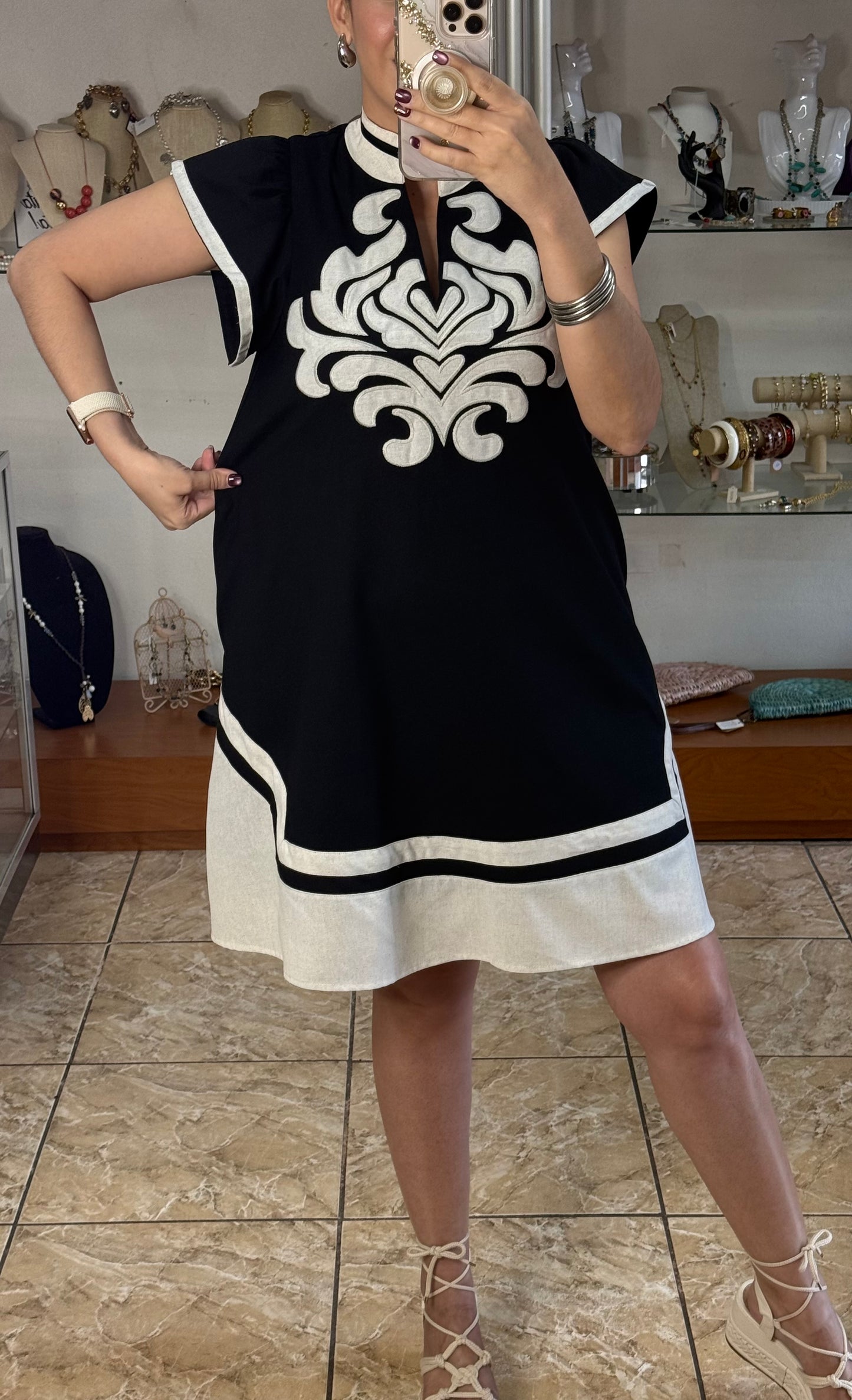 Black Embroidered V-Neck Dress