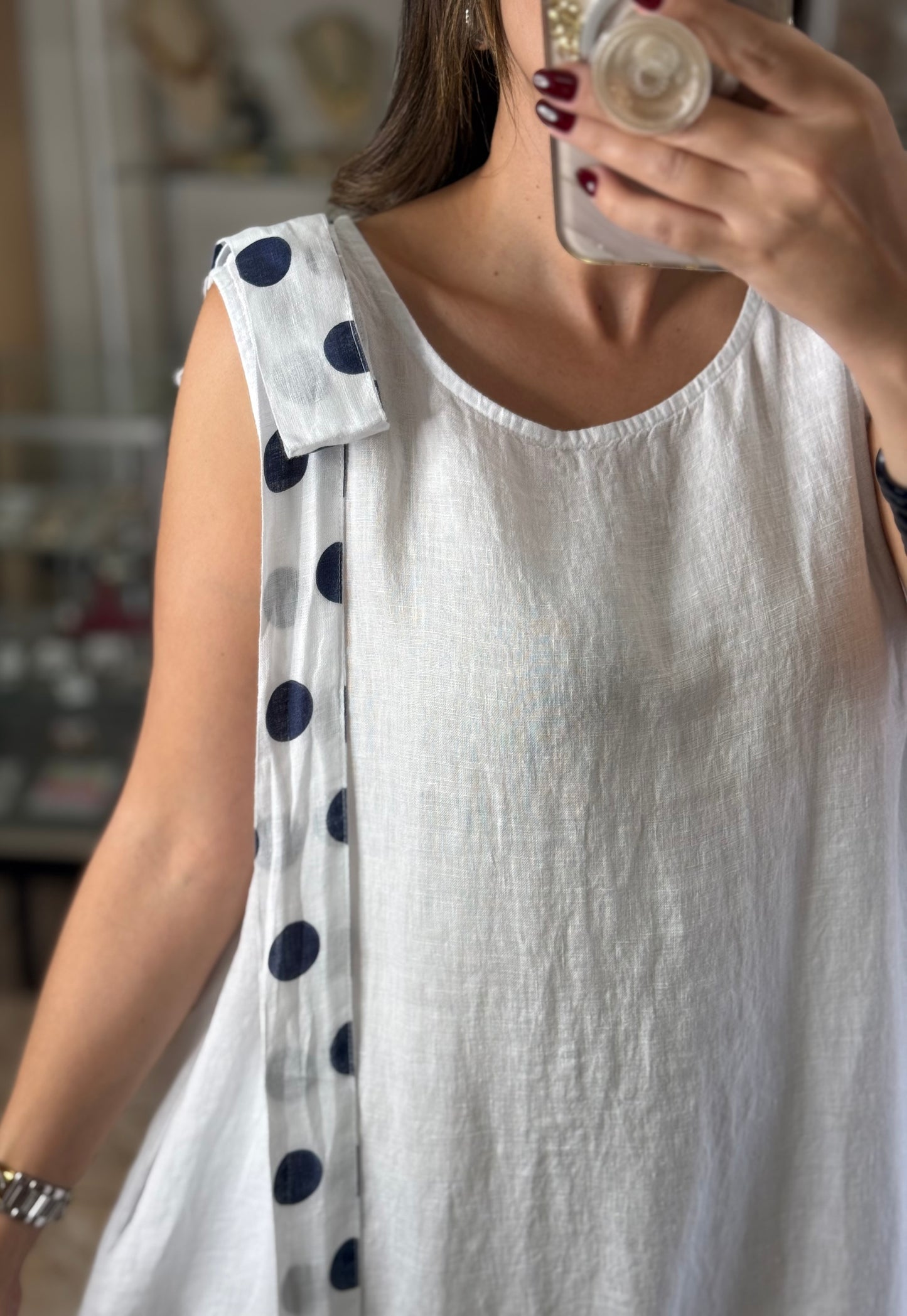Navy Polkadots OS Linen Short Dress (NO RETURNS OR EXCHANGE)