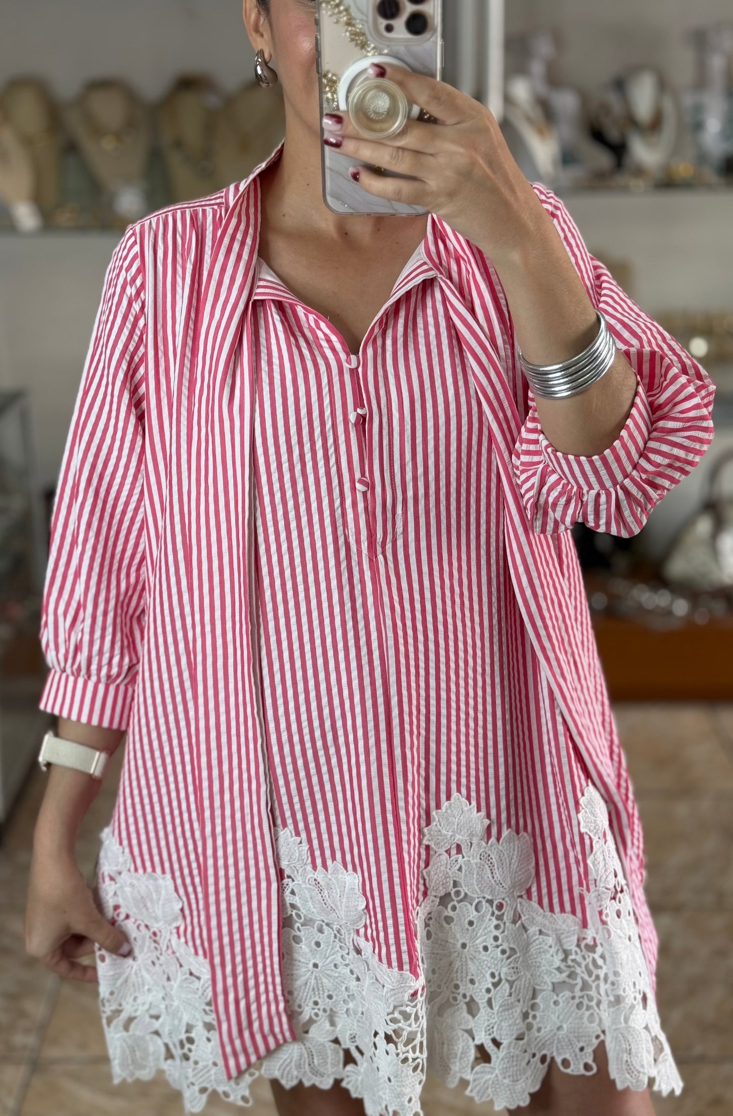 Pink Stripes Lace Trim Doll Dress