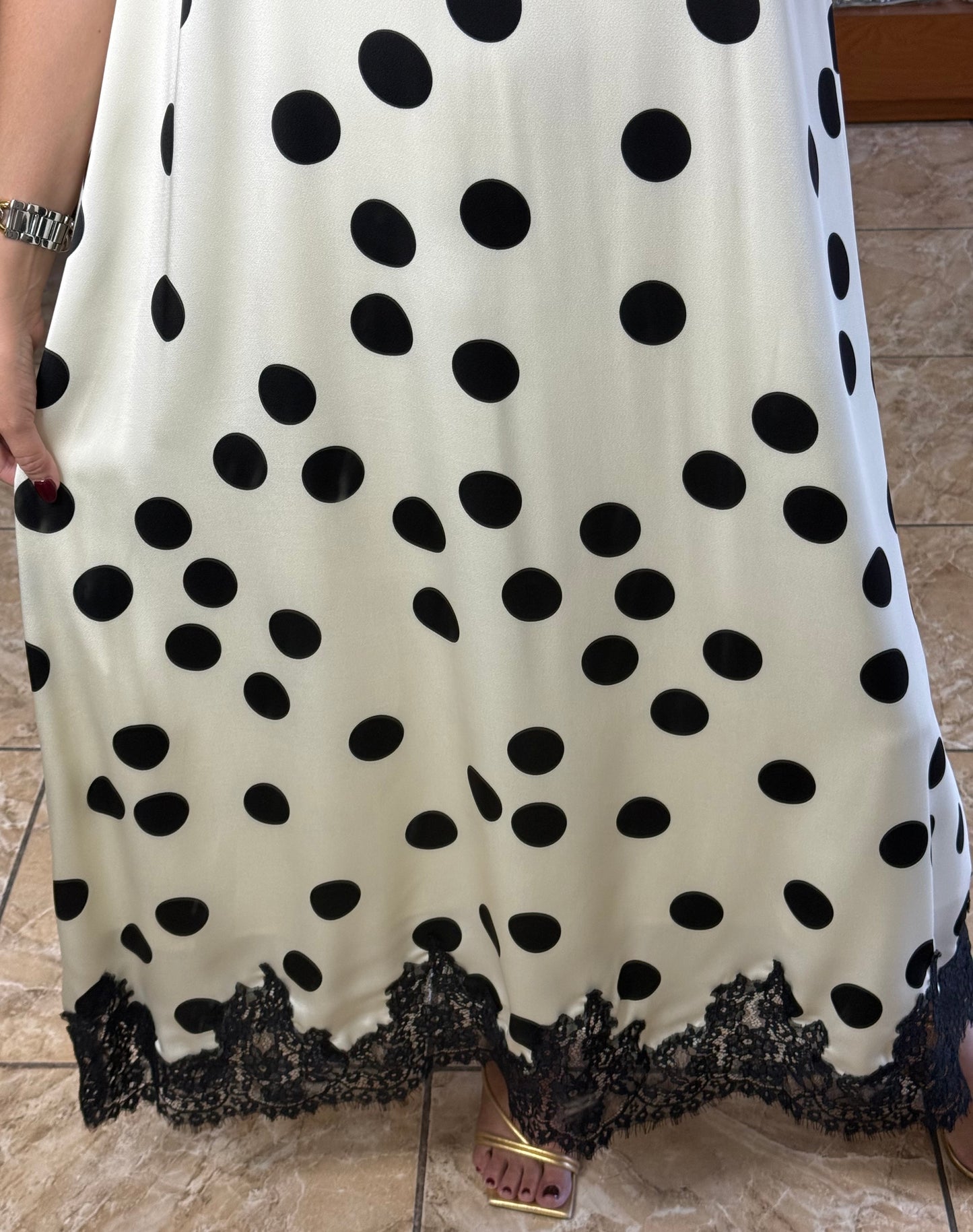 Halter Cream/Black Polkadots with Lace Maxi Dress (NO RETURNS OR EXCHANGE)