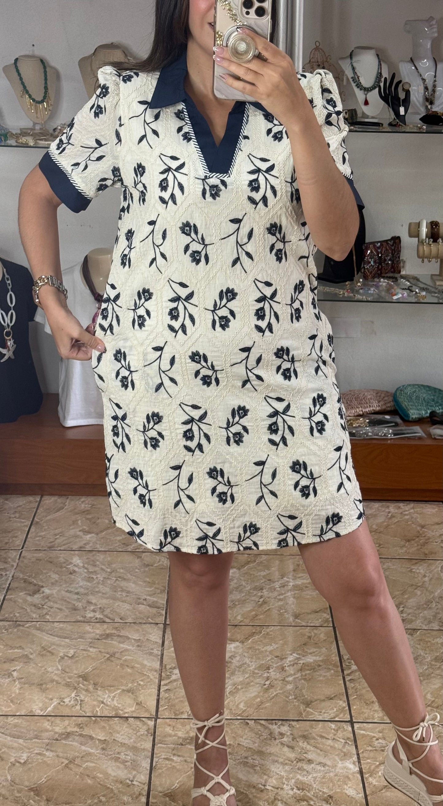 Cream/Navy Embroidered Dress (Reg & Plus)