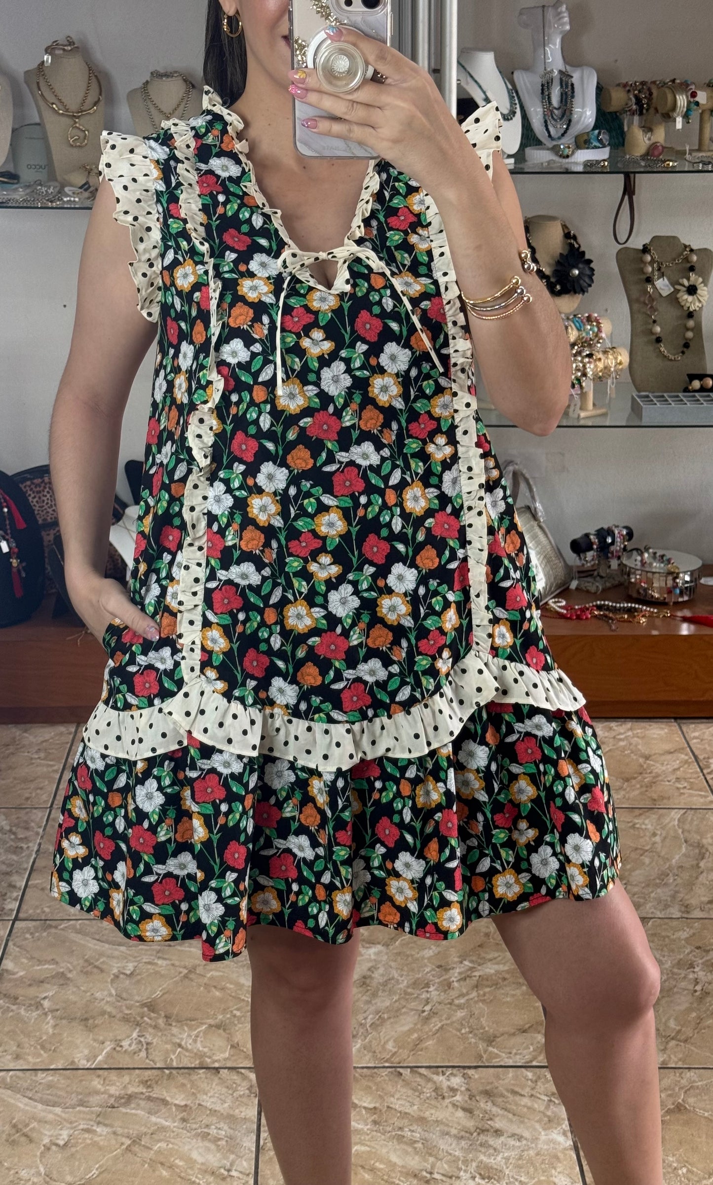 Sleeveless Polka Ruffles Floral Dress