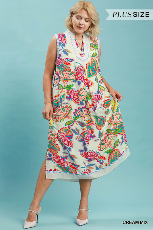 Paisley Floral Sleeveless Midi Dress (PLUS)