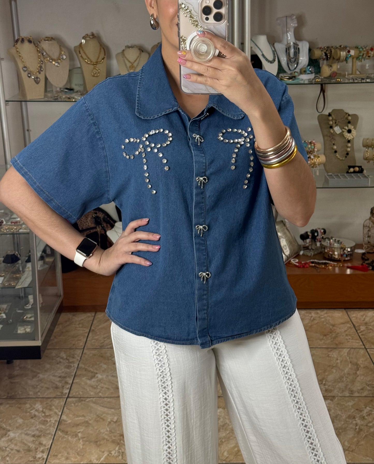 Rhinestone Ribbons Denim Top