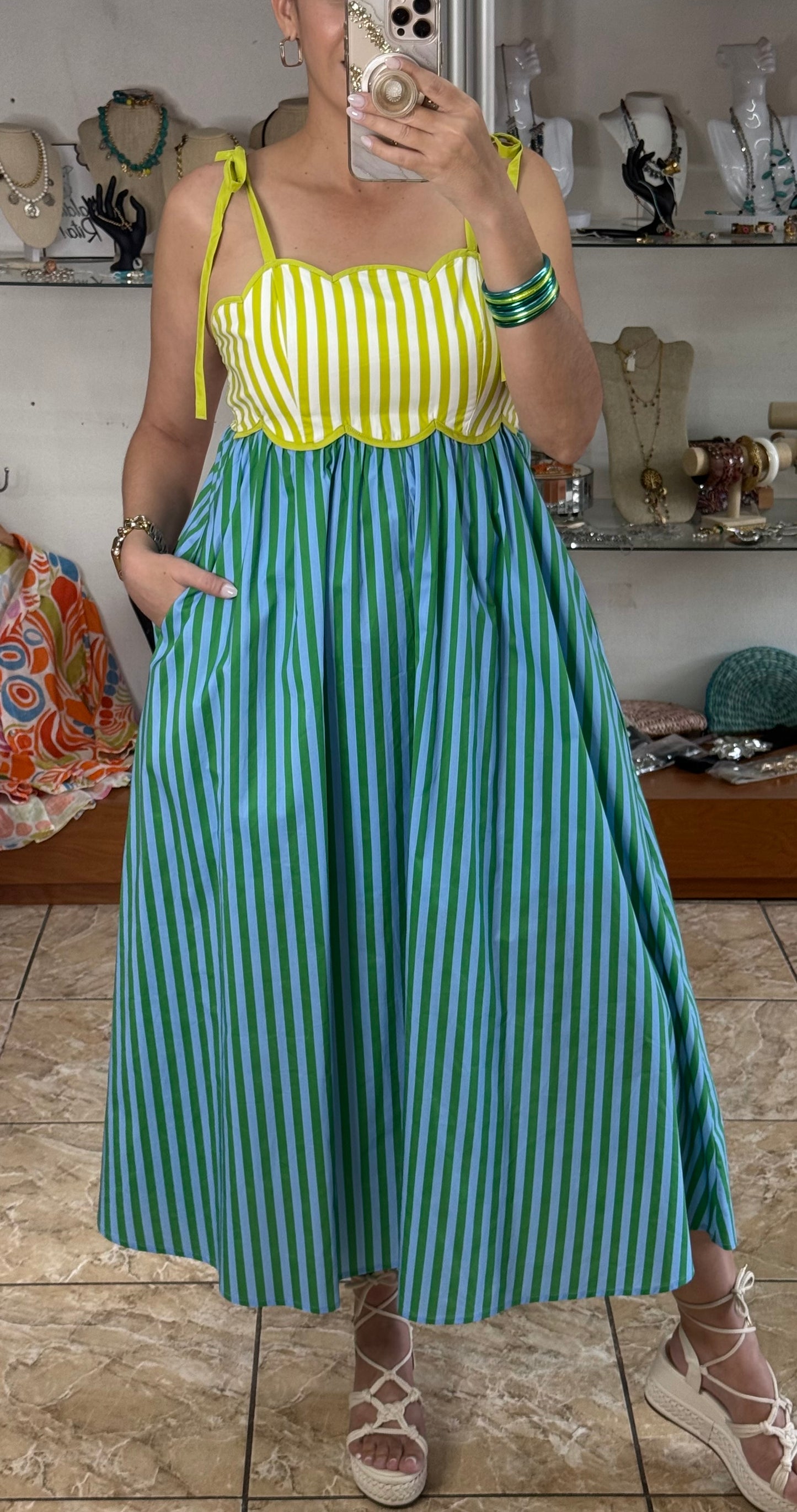 Kiwi Mix Stripes Midi Dress