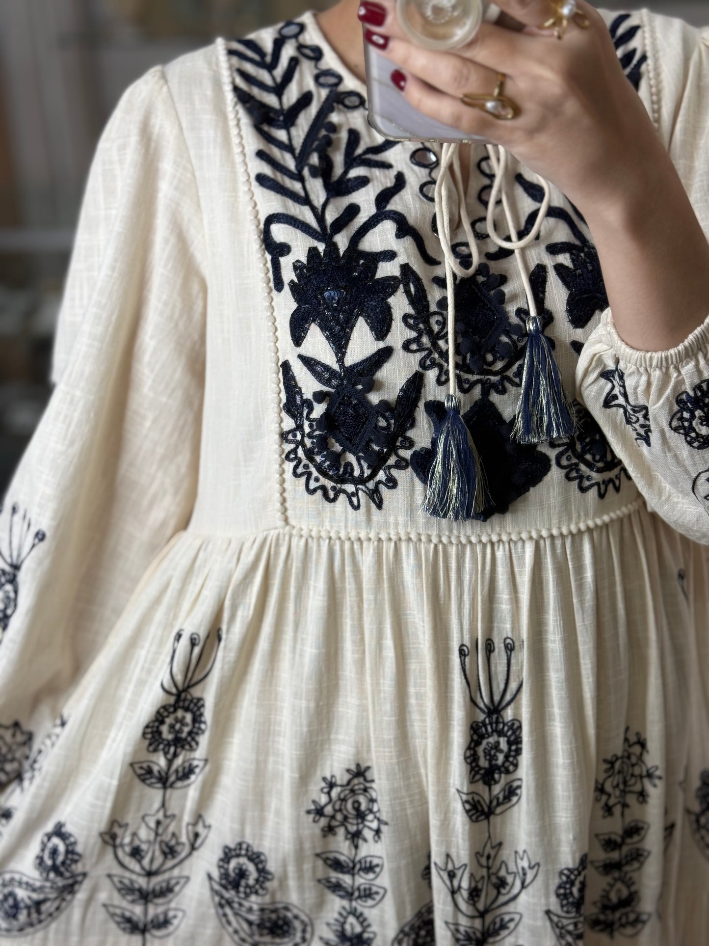 Cream/Navy Embroidered OS Maxi Dress (FINAL SALE)