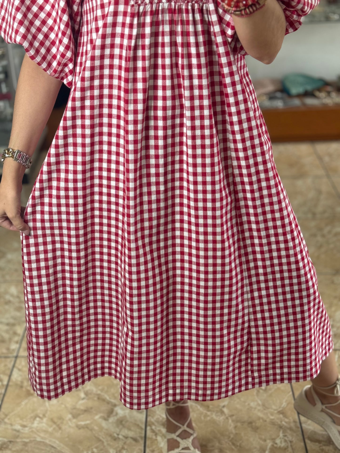 Puff Sleeve Plaid Midi Dress (Reg)