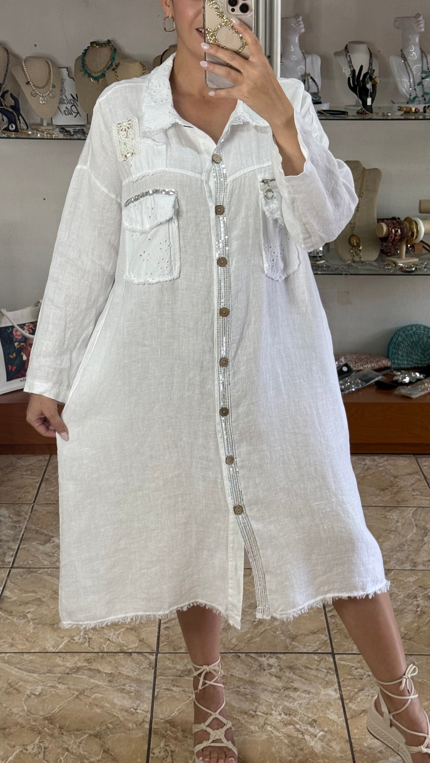 Long Sleeves OS Linen Midi Dress (NO RETURNS OR EXCHANGE)