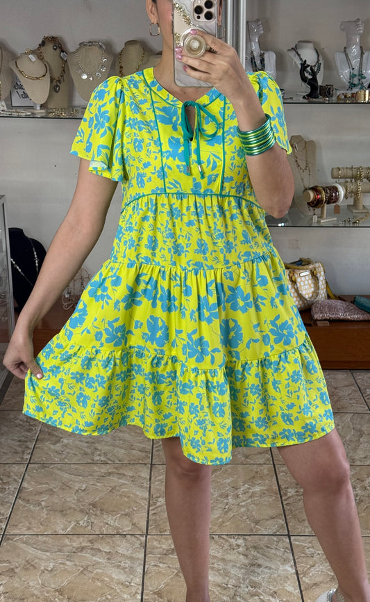 Lime Mix Flutter Sleeves Dress