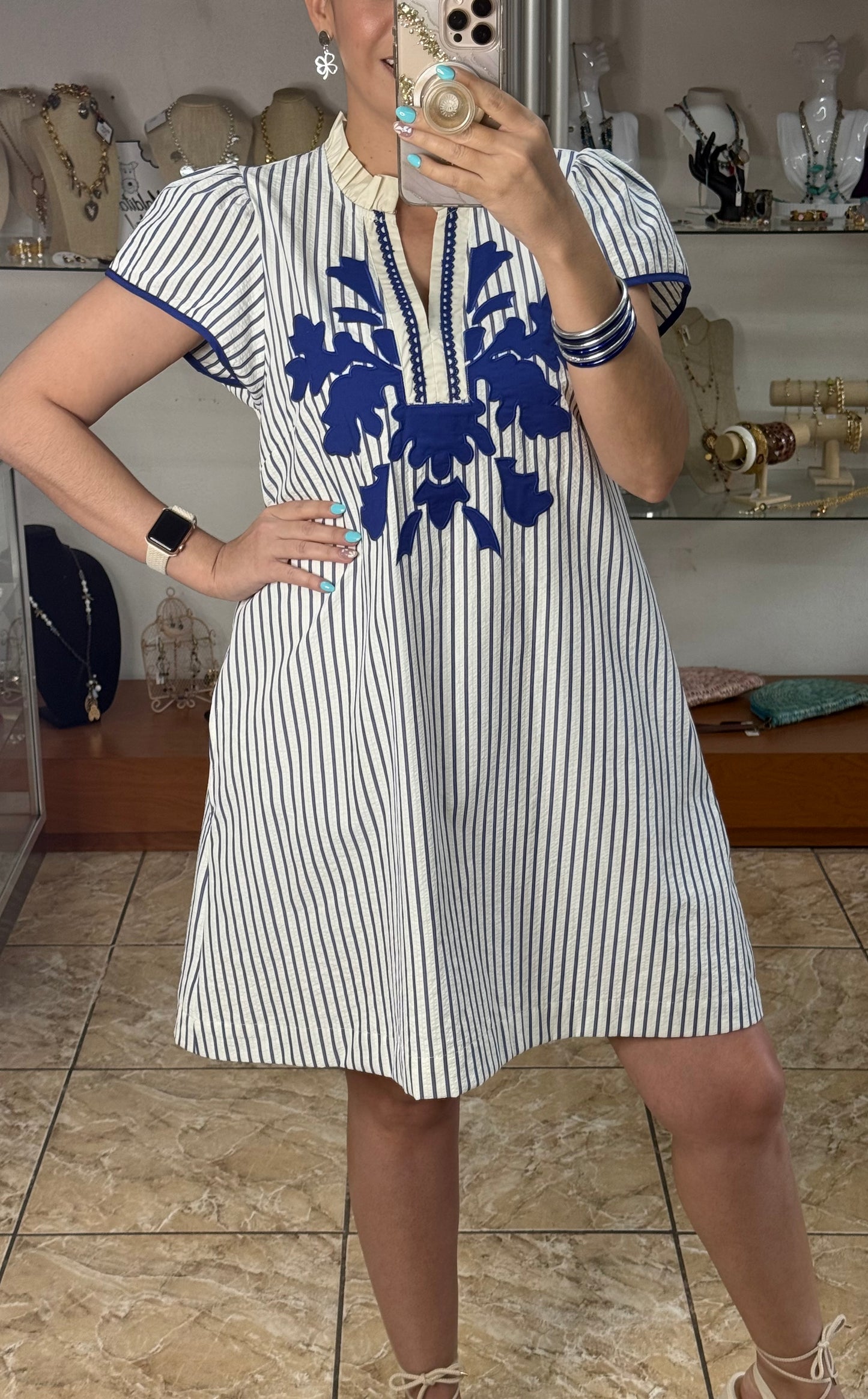 Blue Stripes Embroidered Short Dress