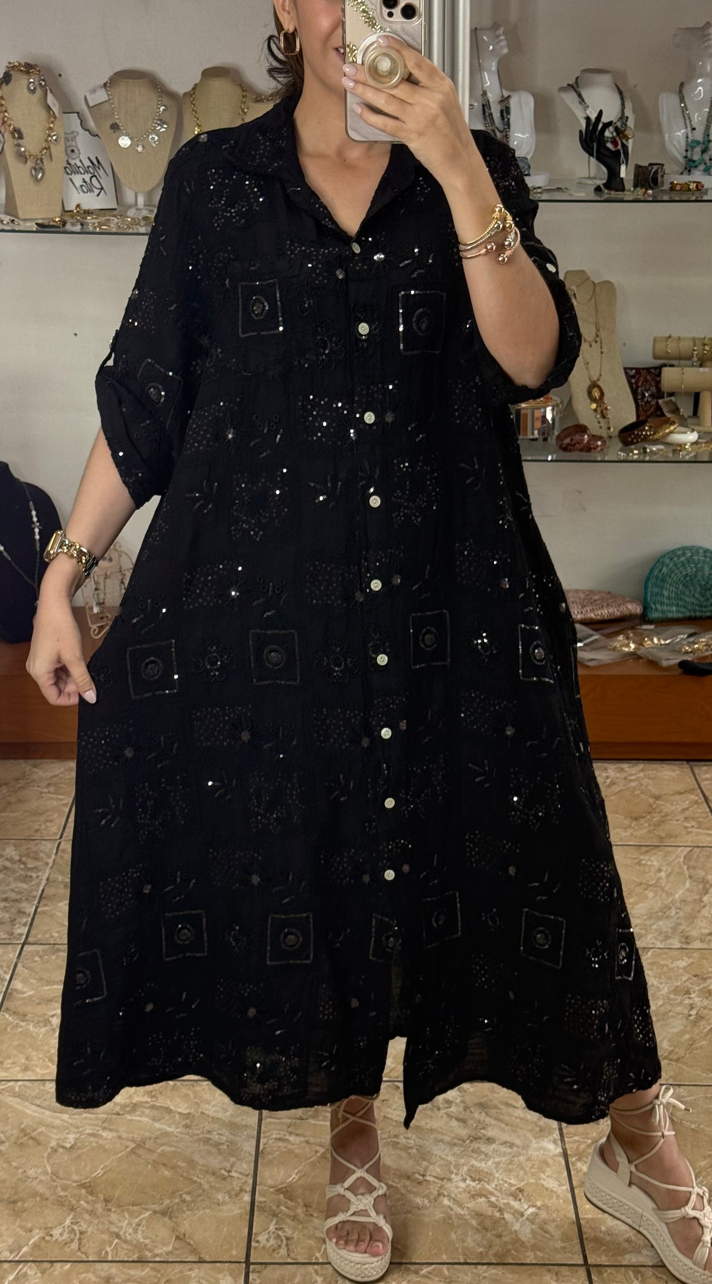 OS Sequins Embroidered Linen Maxi Dress (NO RETURNS OR EXCHANGE)
