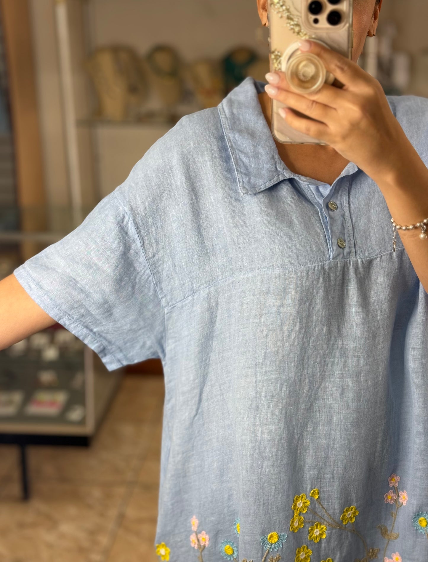 Floral Embroidered OS Linen Dress (NO RETURNS OR EXCHANGE)