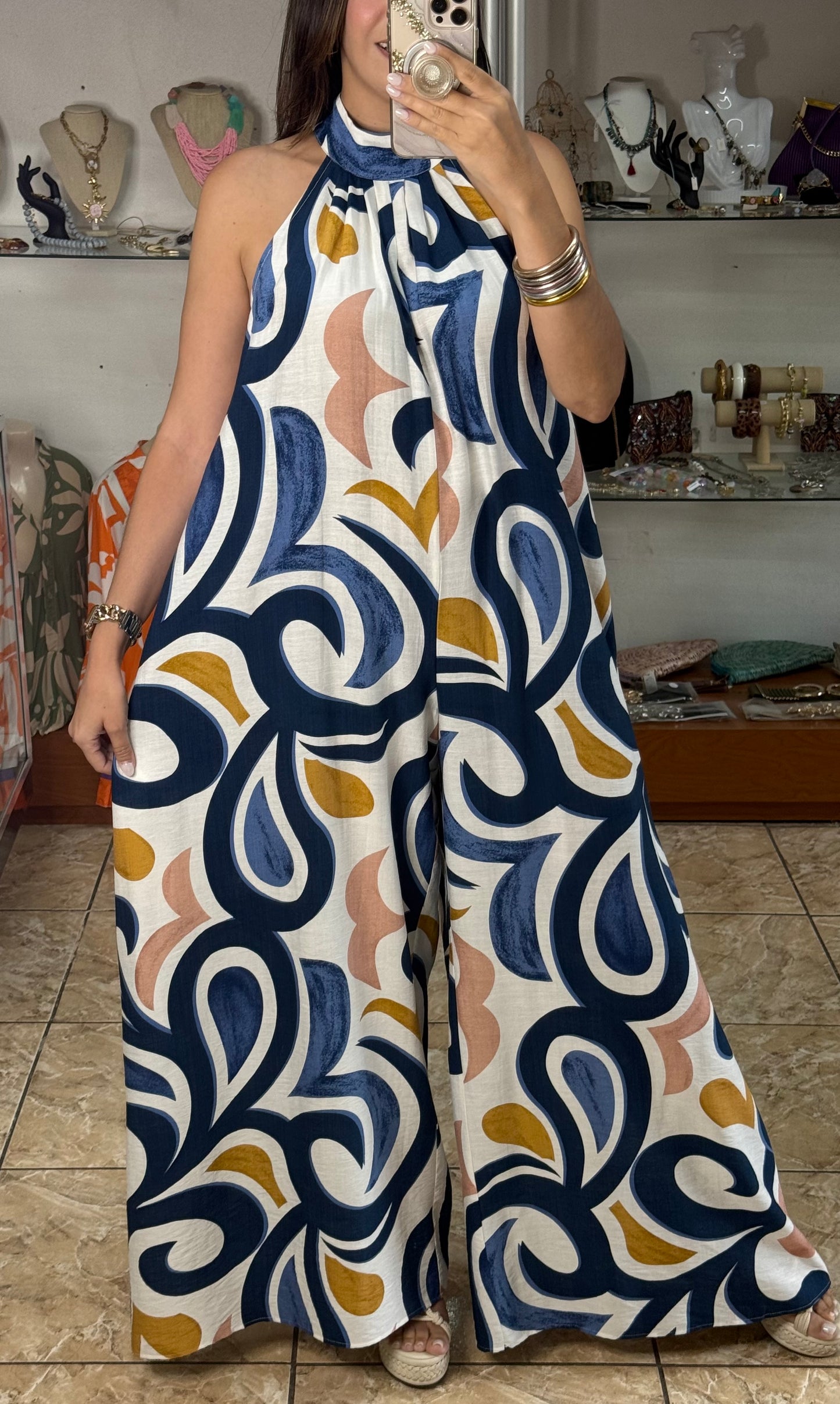 Blue Mix Halter Jumpsuit