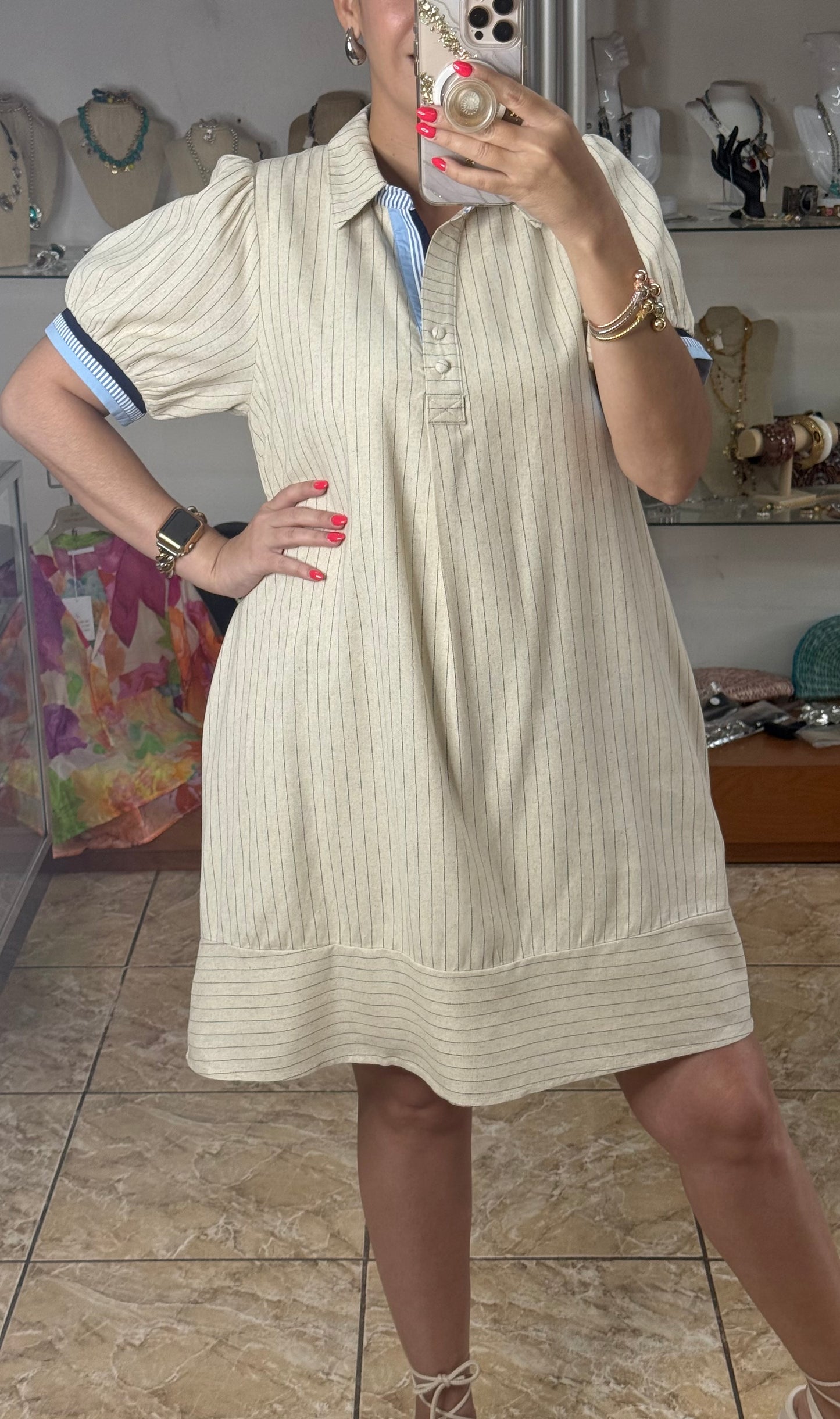 Oatmeal Linen Stripes Polo Dress