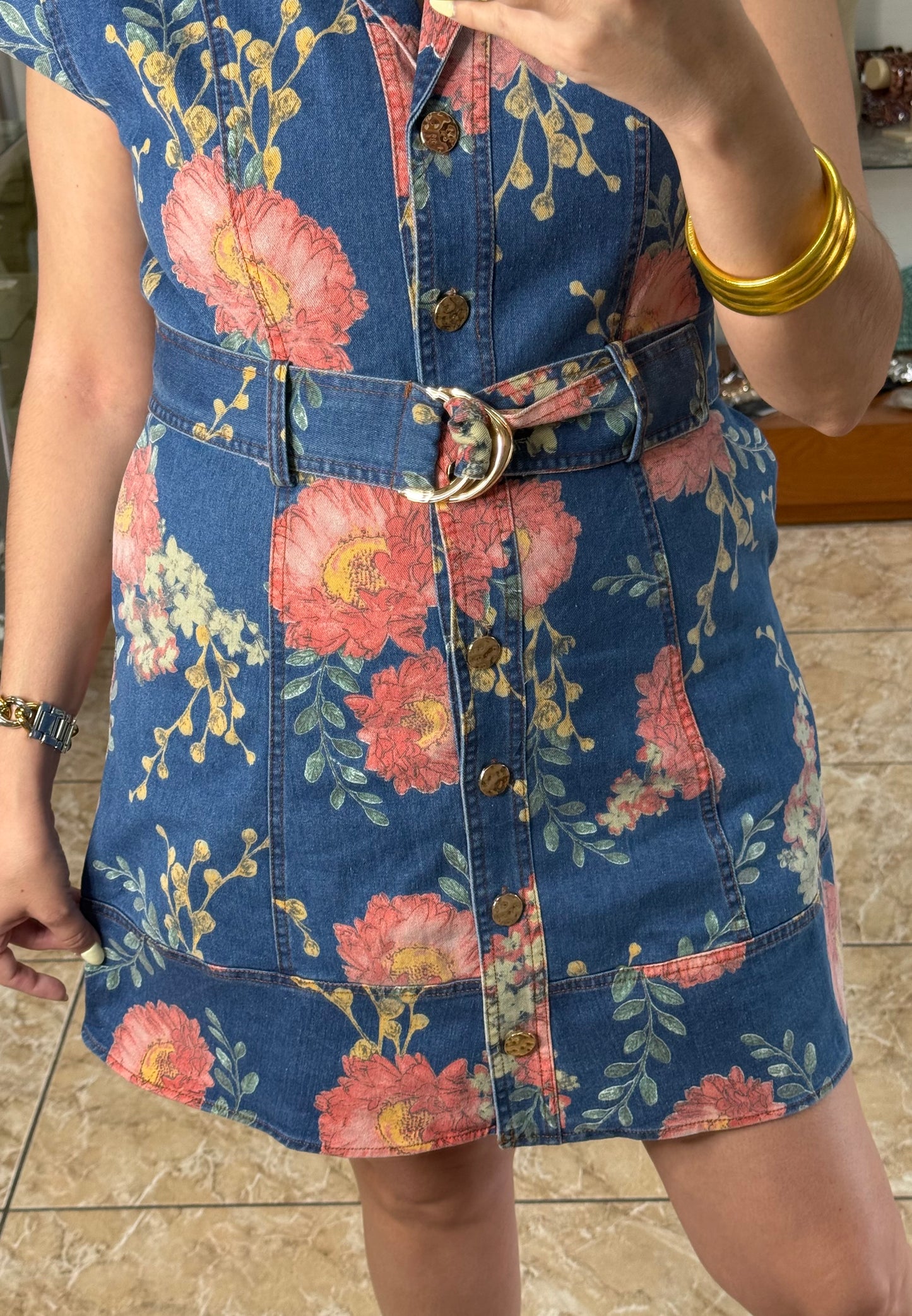 Denim Floral Belted Mini Dress