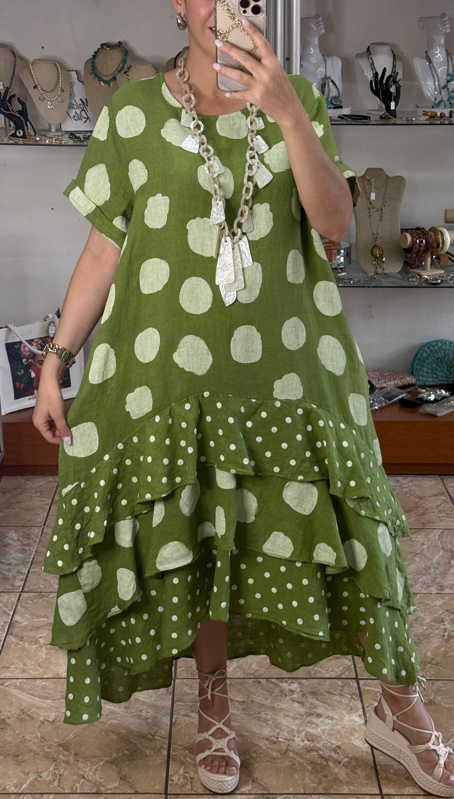 Polka OS Ruffle Tiered Linen Midi Dress (NO RETURNS OR EXCHANGE)