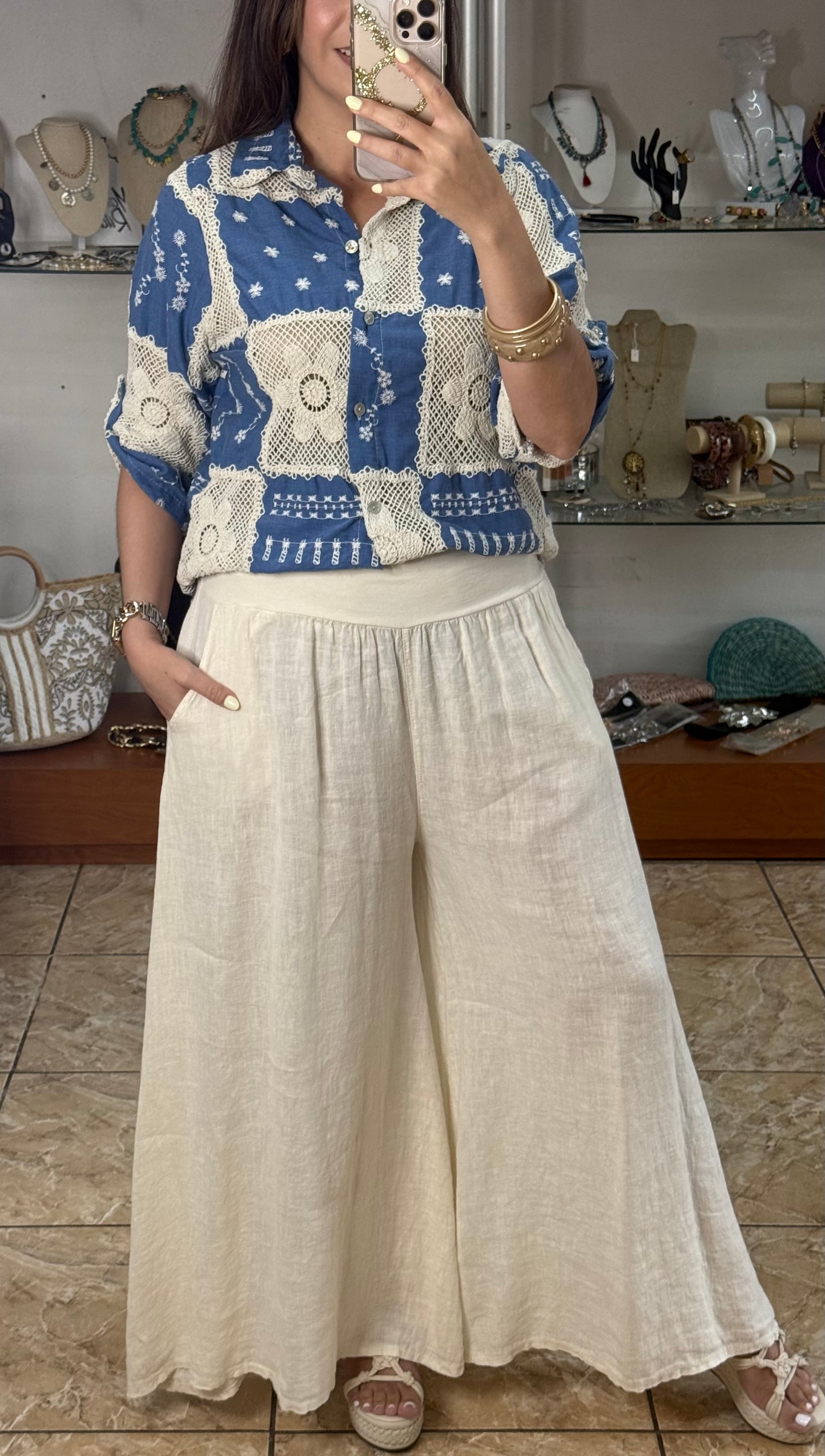OS Blue Crochet/Embroidered Top (NO RETURNS OR EXCHANGE)